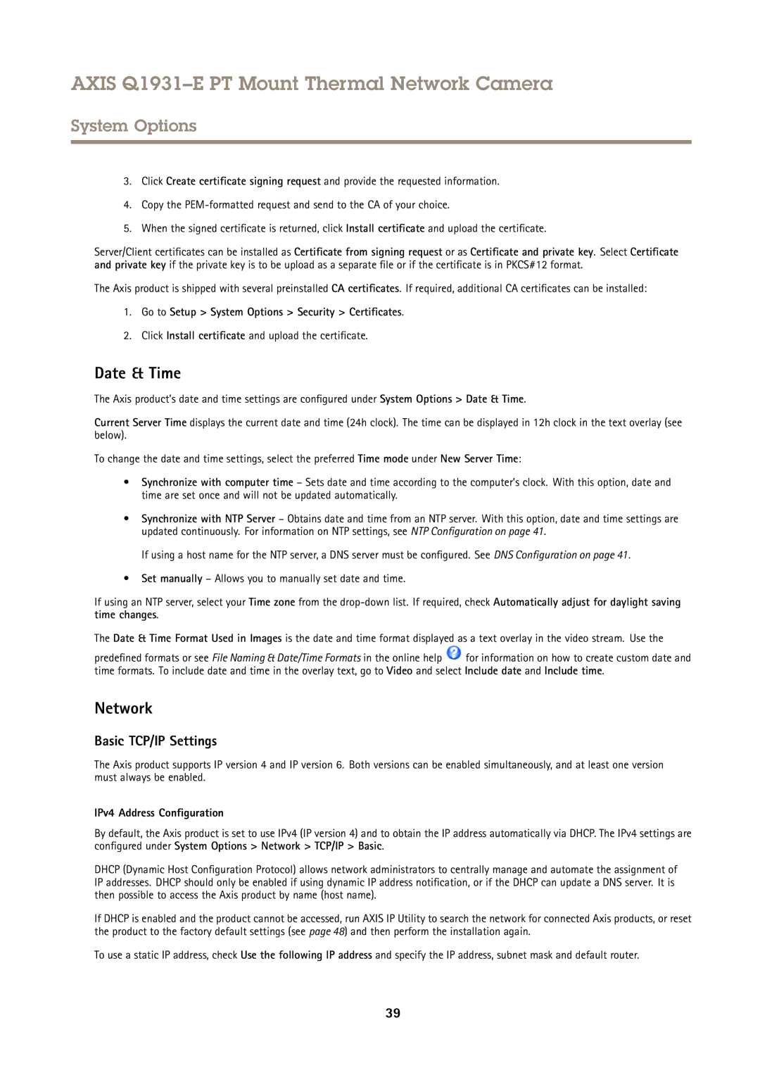 Axis Communications Q1931E PT user manual Date & Time, Network, Basic TCP/IP Settings, IPv4 Address Configuration 