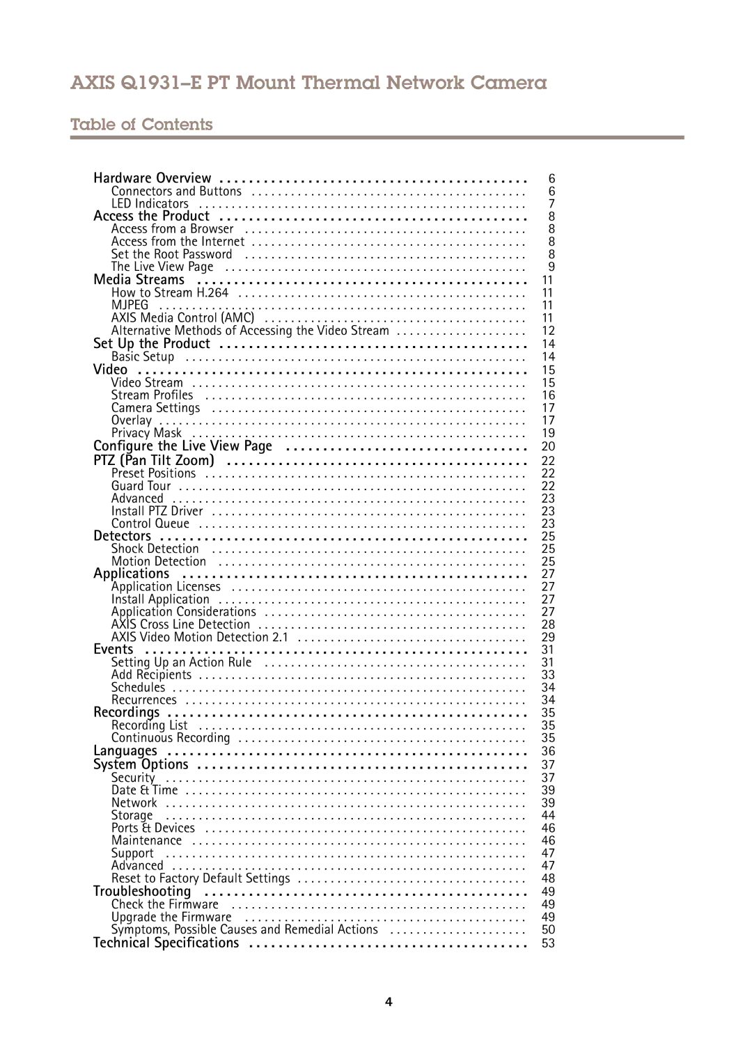 Axis Communications Q1931E PT user manual Axis Q1931-E PT Mount Thermal Network Camera, Table of Contents 