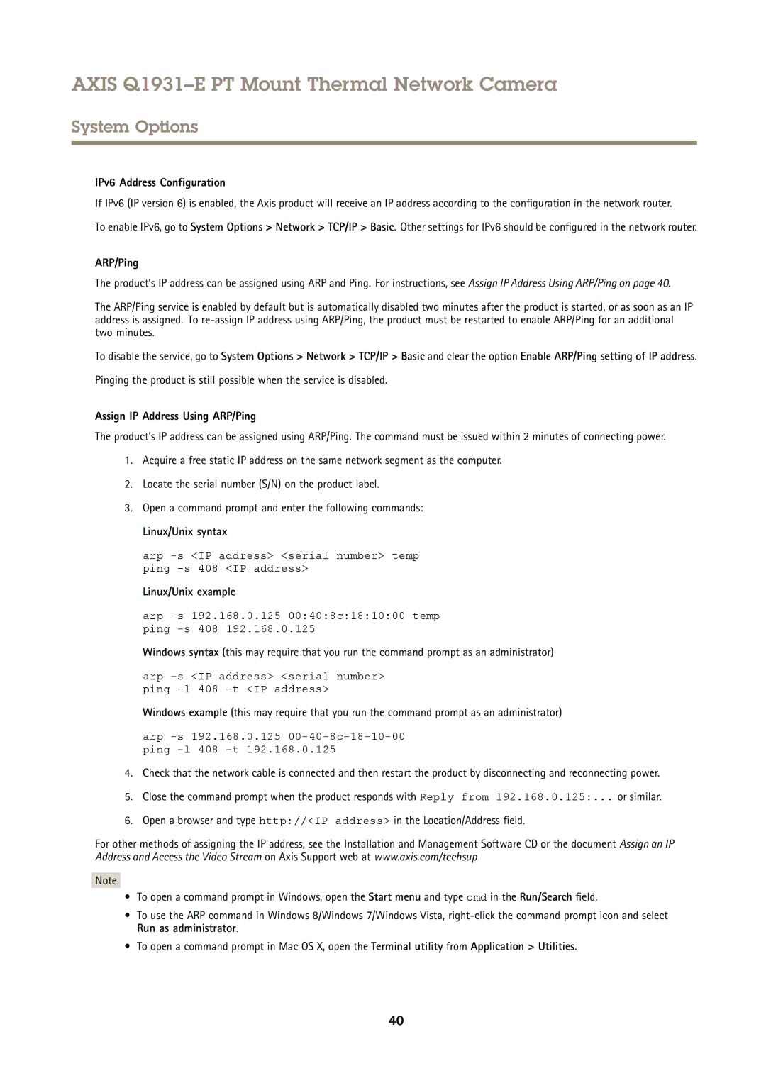 Axis Communications Q1931E PT IPv6 Address Configuration, Assign IP Address Using ARP/Ping, Linux/Unix syntax 