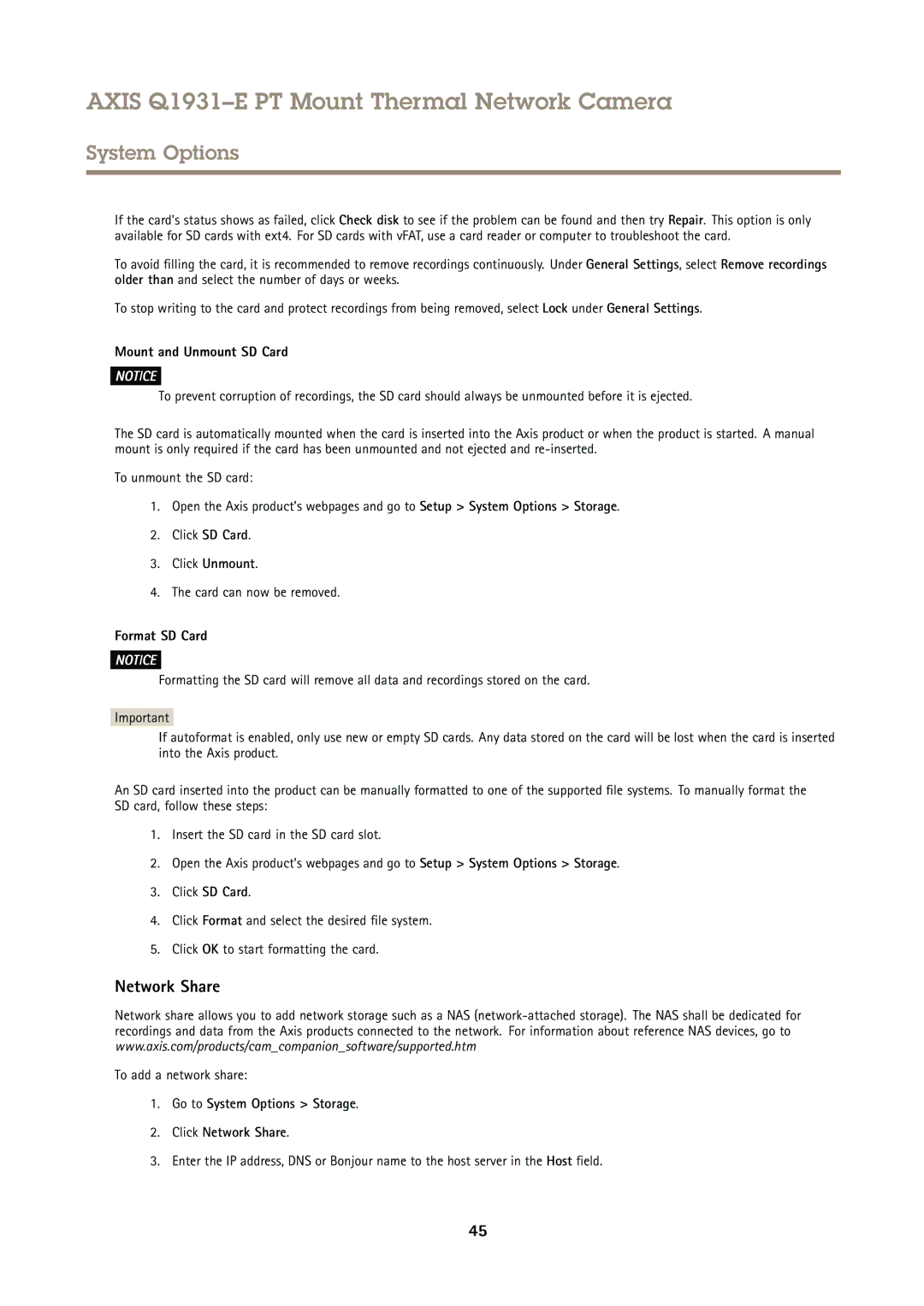 Axis Communications Q1931E PT user manual Network Share, Mount and Unmount SD Card, Format SD Card, To add a network share 