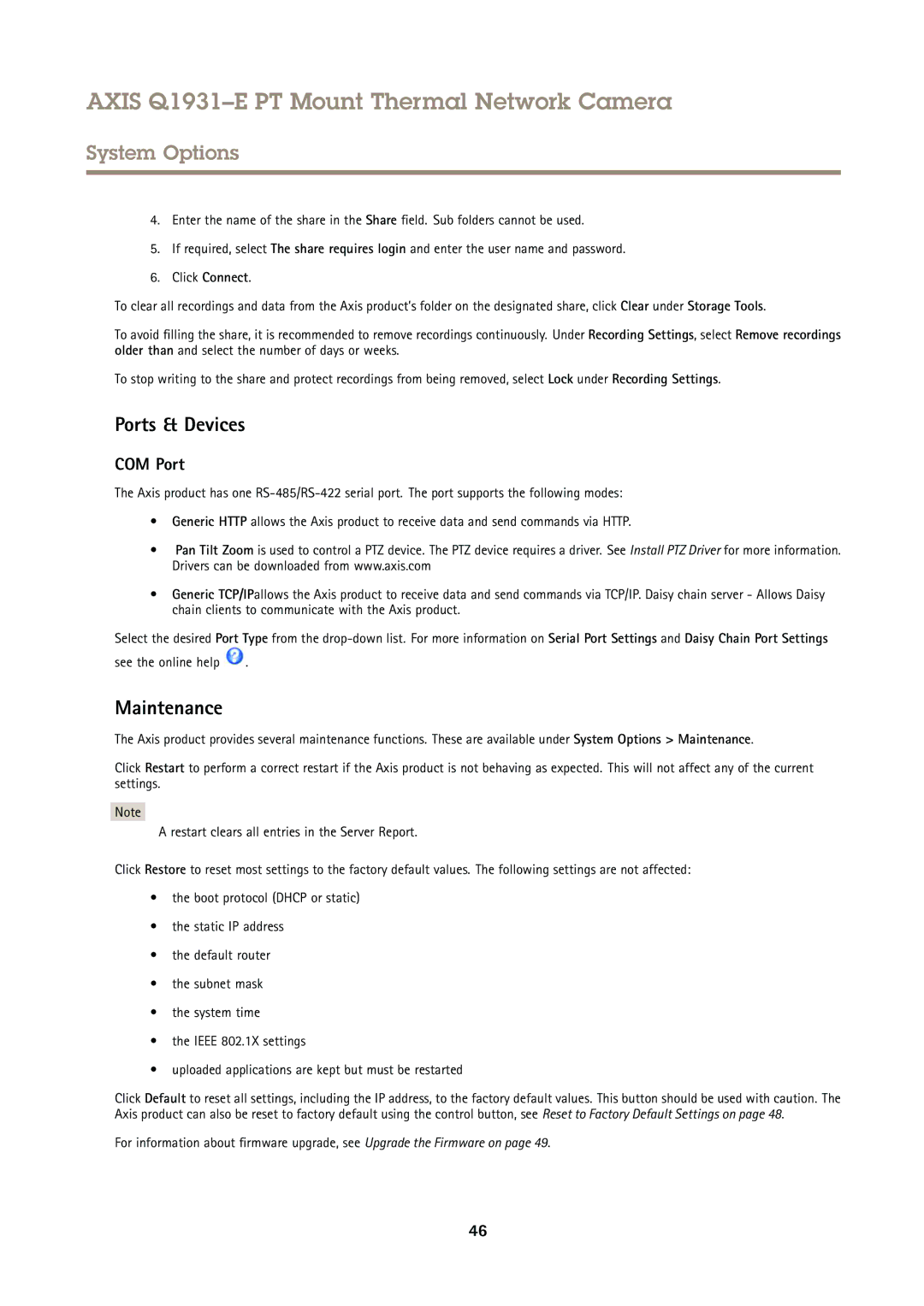 Axis Communications Q1931E PT user manual Ports & Devices, Maintenance, COM Port, See the online help 