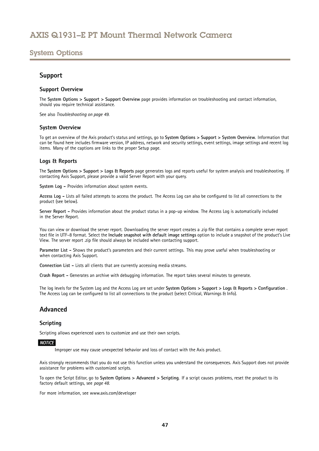 Axis Communications Q1931E PT user manual Support Overview, System Overview, Logs & Reports, Scripting 