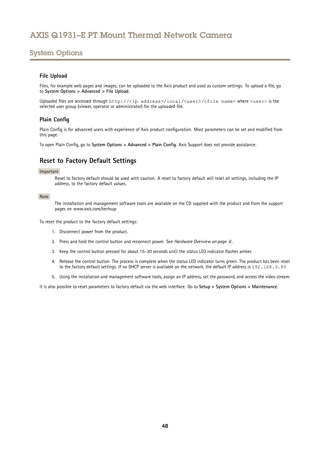 Axis Communications Q1931E PT user manual Reset to Factory Default Settings, File Upload, Plain Config 