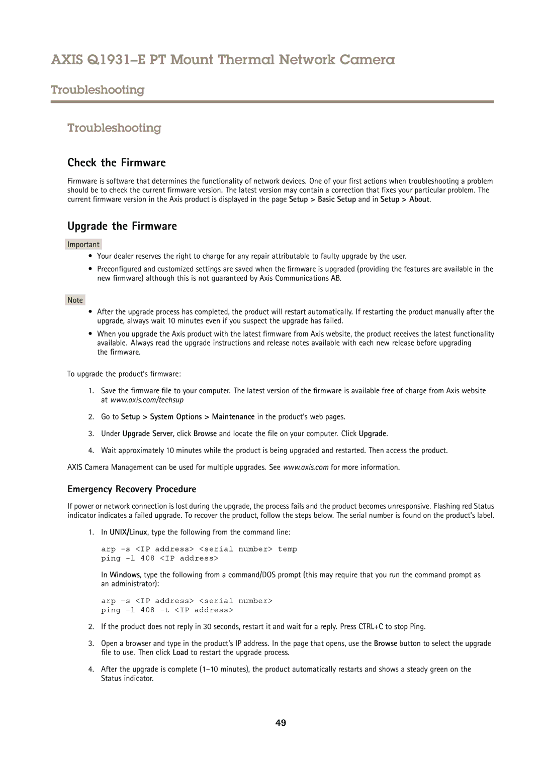 Axis Communications Q1931E PT Troubleshooting, Check the Firmware, Upgrade the Firmware, Emergency Recovery Procedure 