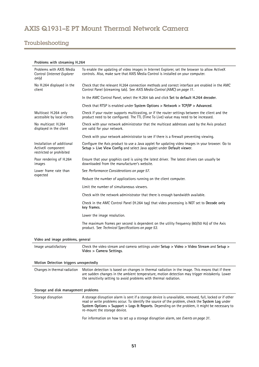 Axis Communications Q1931E PT user manual Problems with streaming H.264, Key frames, Video and image problems, general 