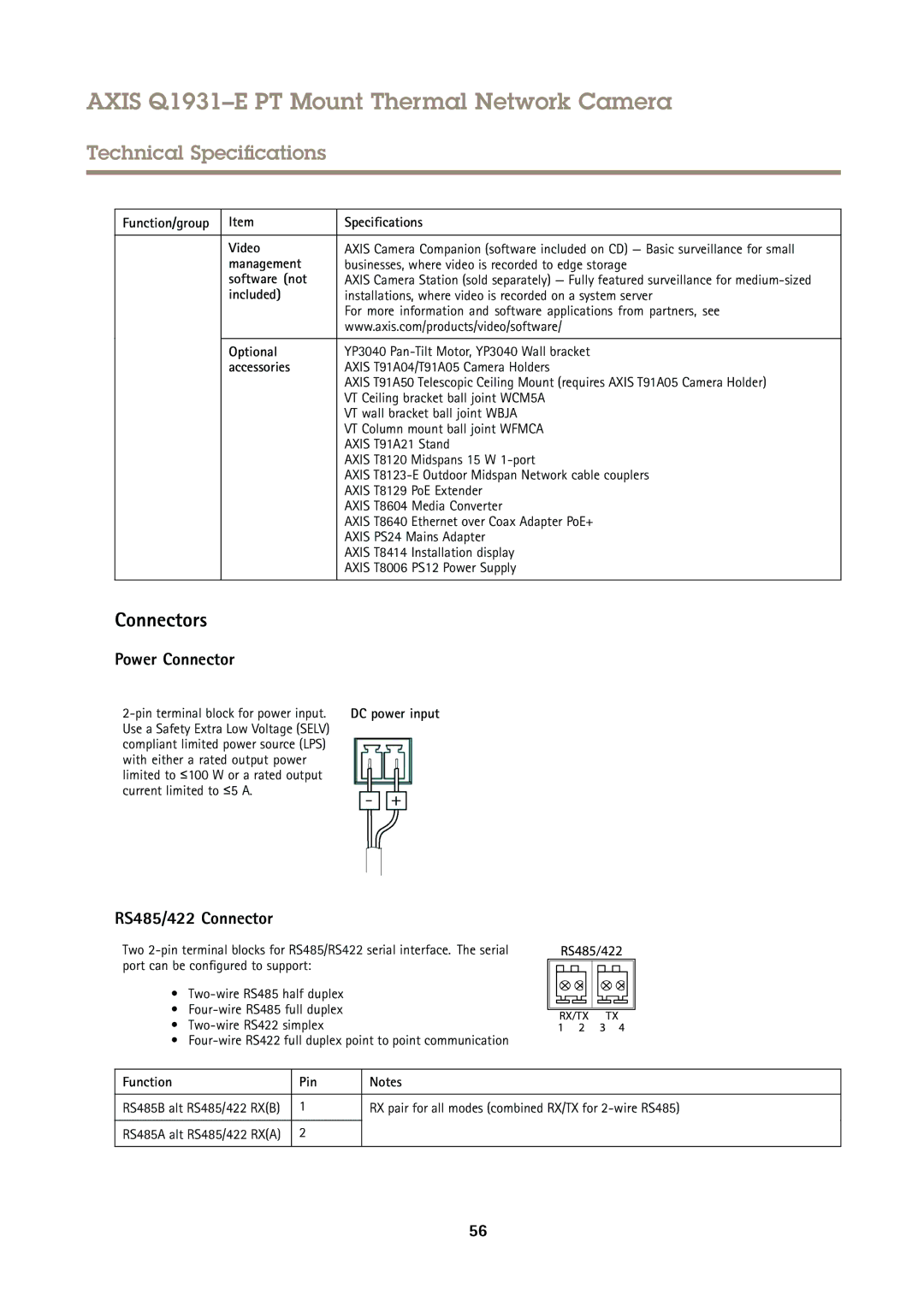 Axis Communications Q1931E PT user manual Connectors, RS485/422 Connector 