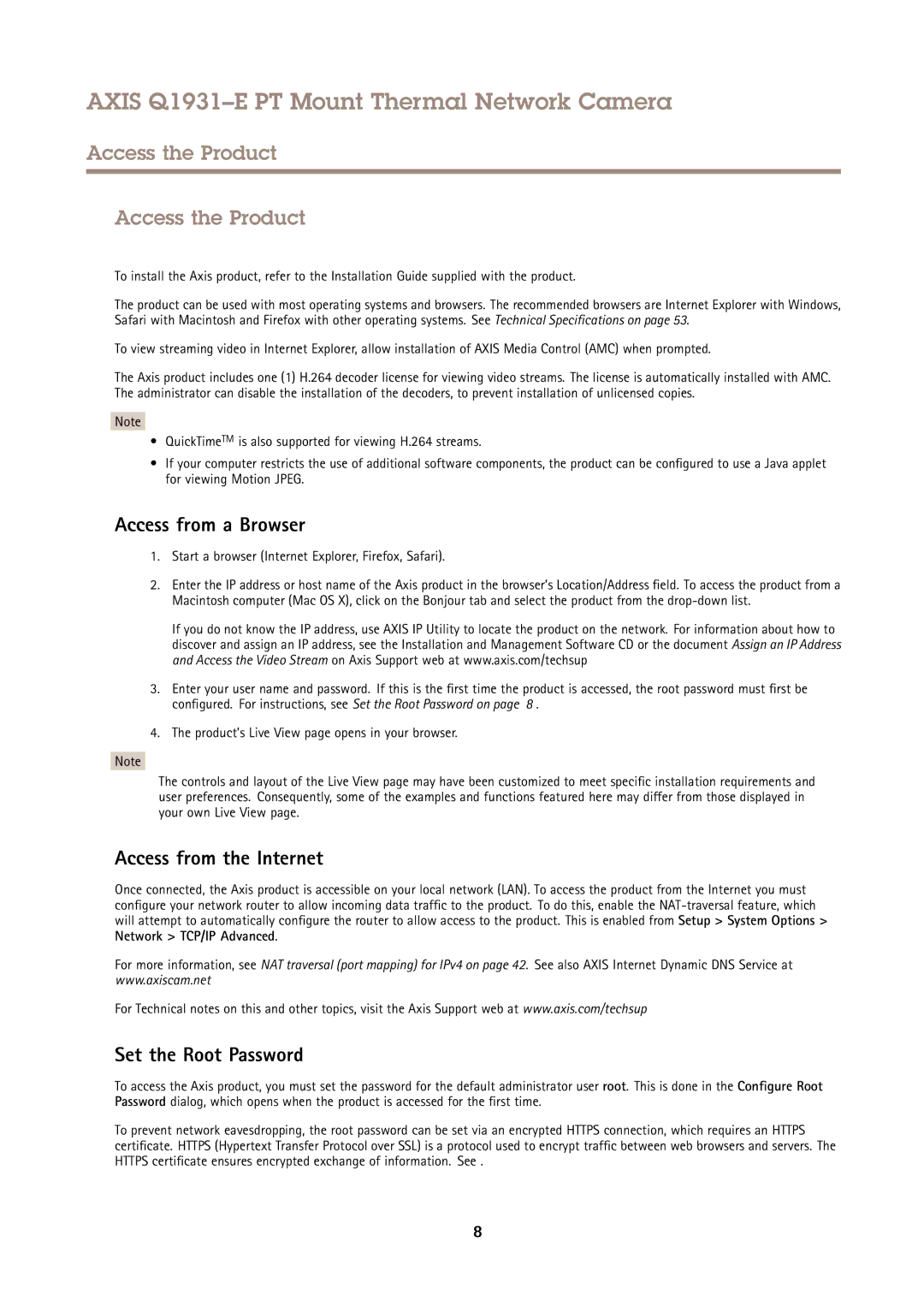 Axis Communications Q1931E PT Access the Product, Access from a Browser, Access from the Internet, Set the Root Password 