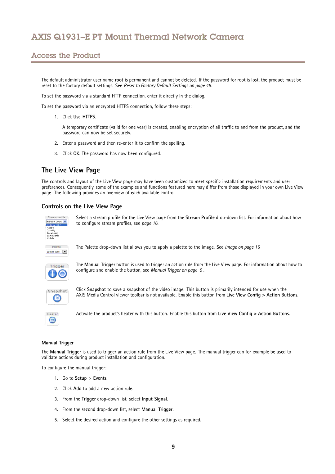 Axis Communications Q1931E PT Controls on the Live View, Click Use Https, Manual Trigger, Go to Setup Events 