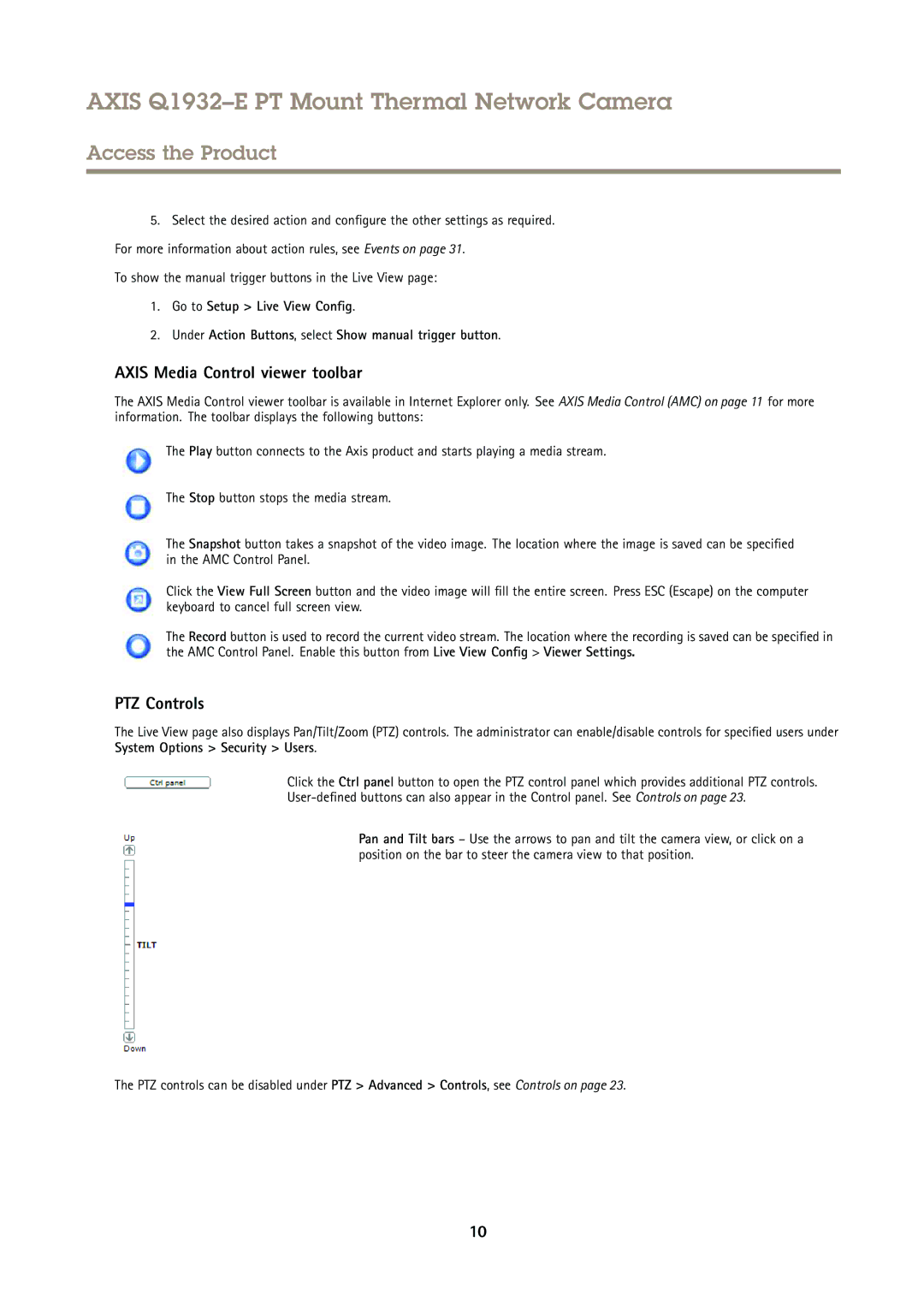 Axis Communications Q1932E user manual Axis Media Control viewer toolbar, PTZ Controls 