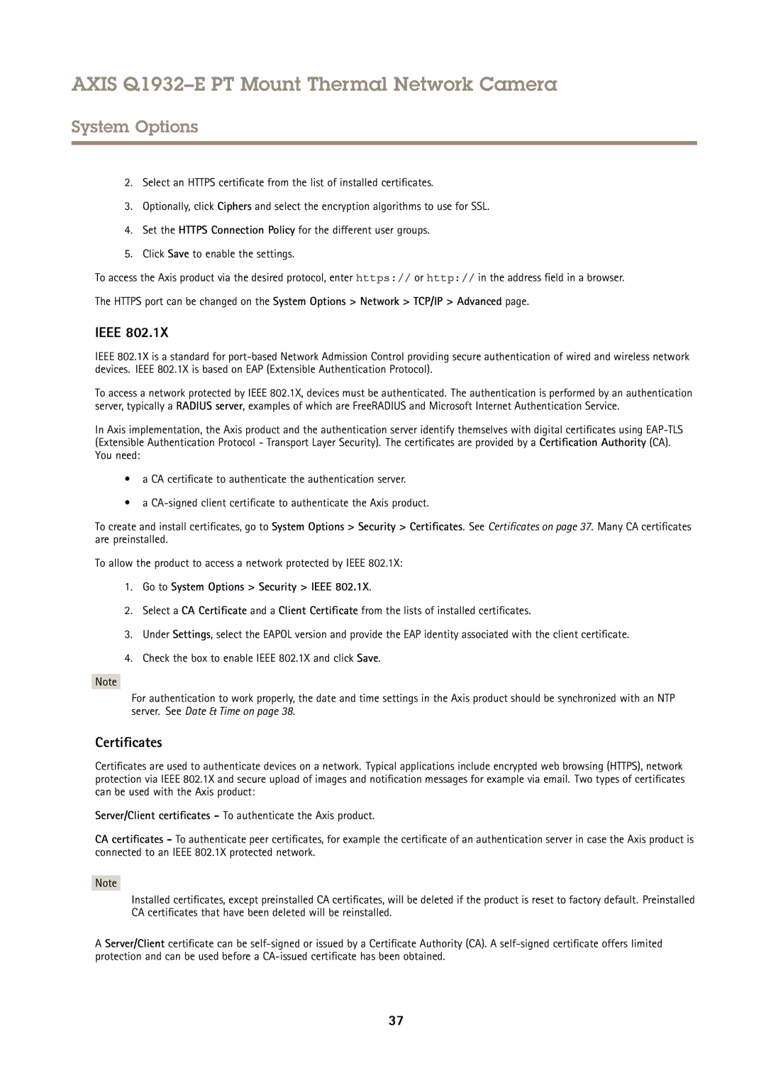 Axis Communications Q1932E user manual Certificates, Go to System Options Security Ieee 