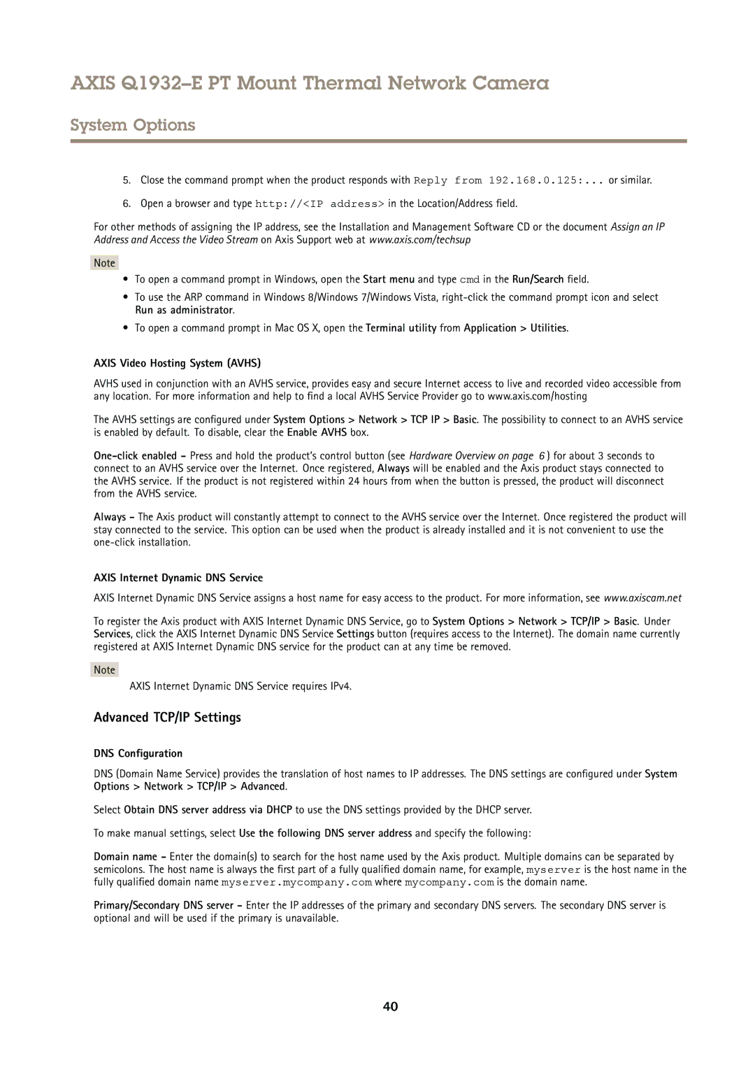 Axis Communications Q1932E Advanced TCP/IP Settings, Axis Video Hosting System Avhs, Axis Internet Dynamic DNS Service 