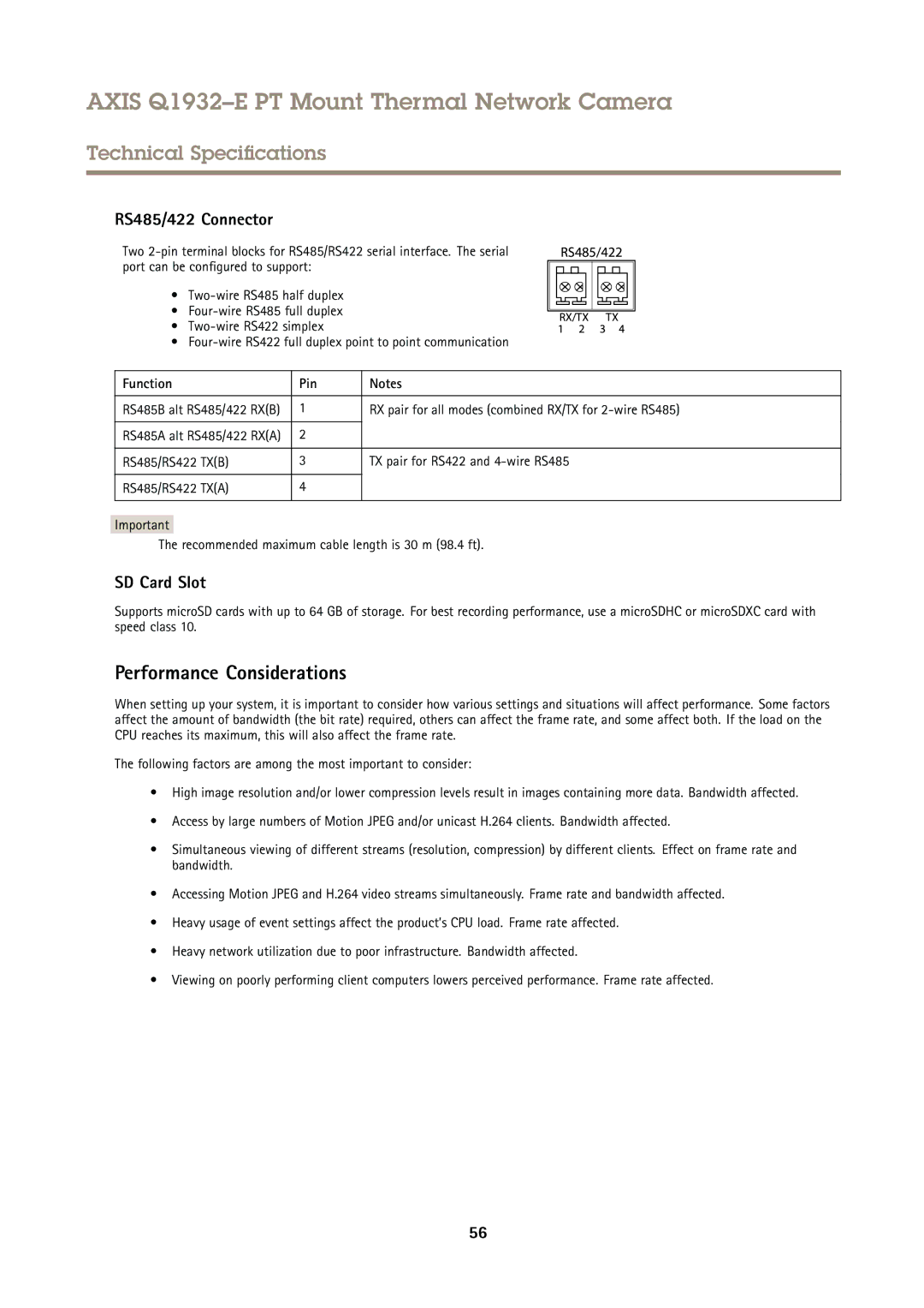 Axis Communications Q1932E user manual Performance Considerations, RS485/422 Connector, Function Pin 