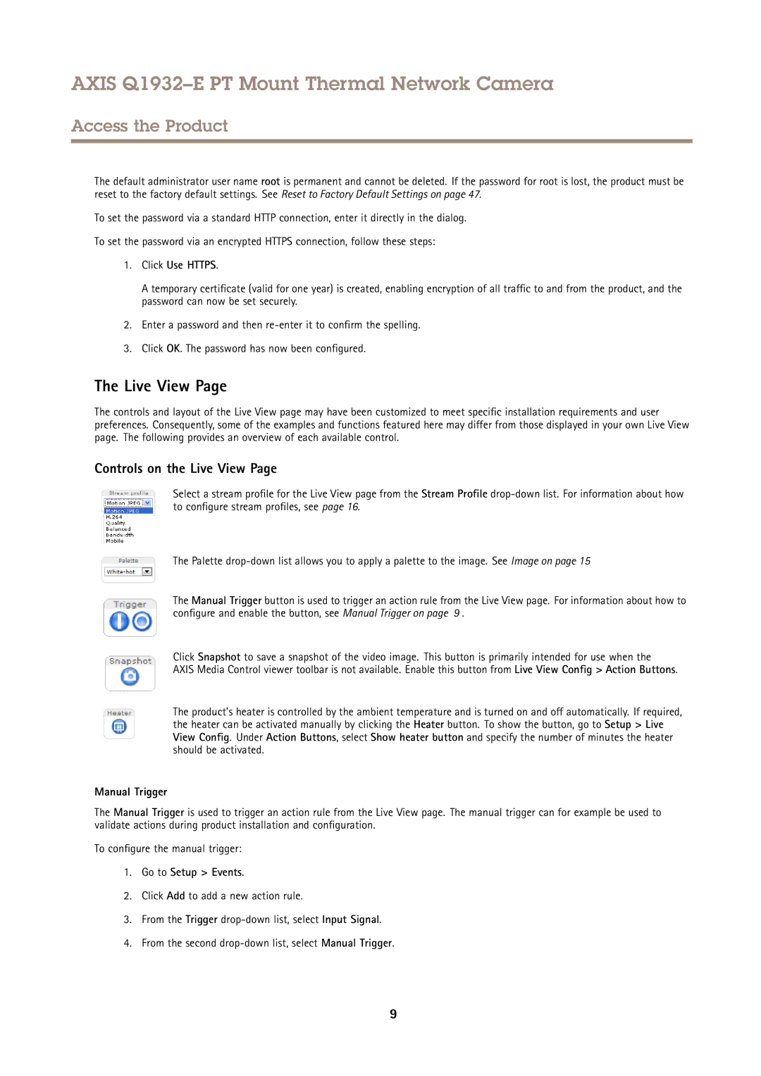 Axis Communications Q1932E user manual Controls on the Live View, Click Use Https, Manual Trigger, Go to Setup Events 