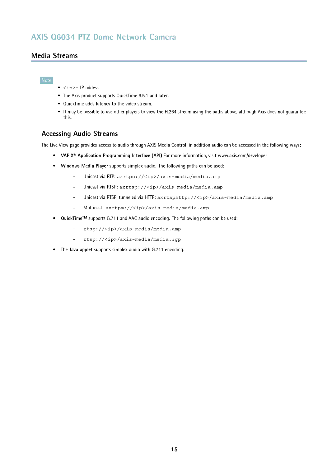 Axis Communications Q6034 user manual Accessing Audio Streams, Java applet supports simplex audio with G.711 encoding 