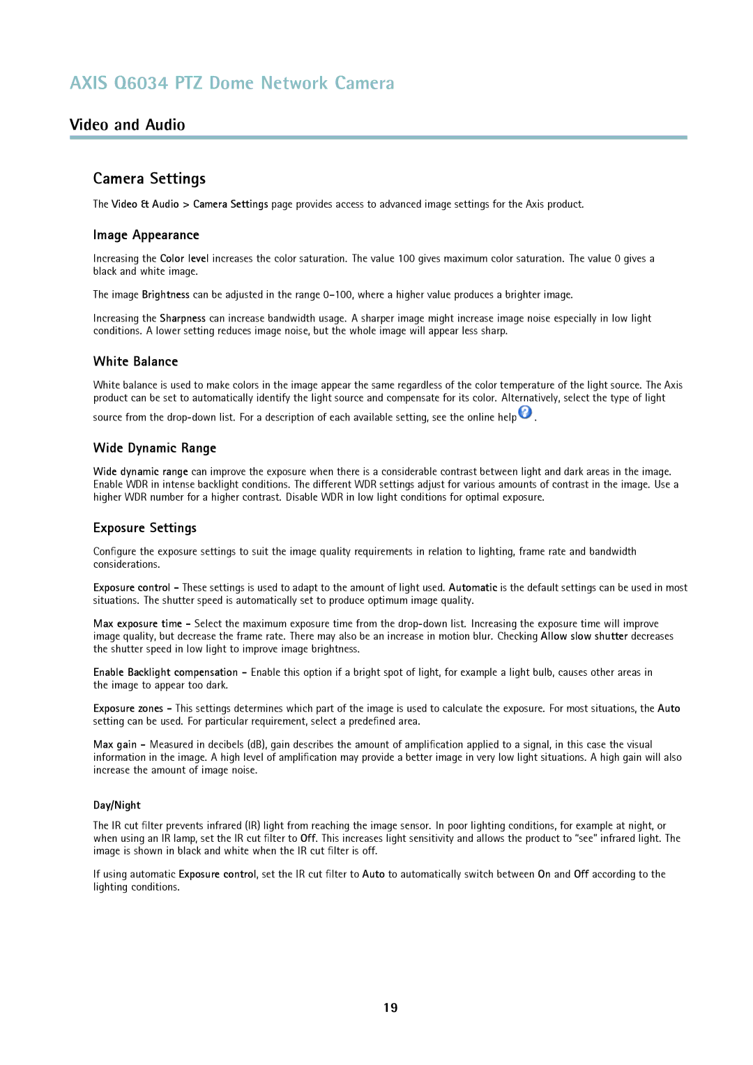 Axis Communications Q6034 Camera Settings, Image Appearance, White Balance, Wide Dynamic Range, Exposure Settings 