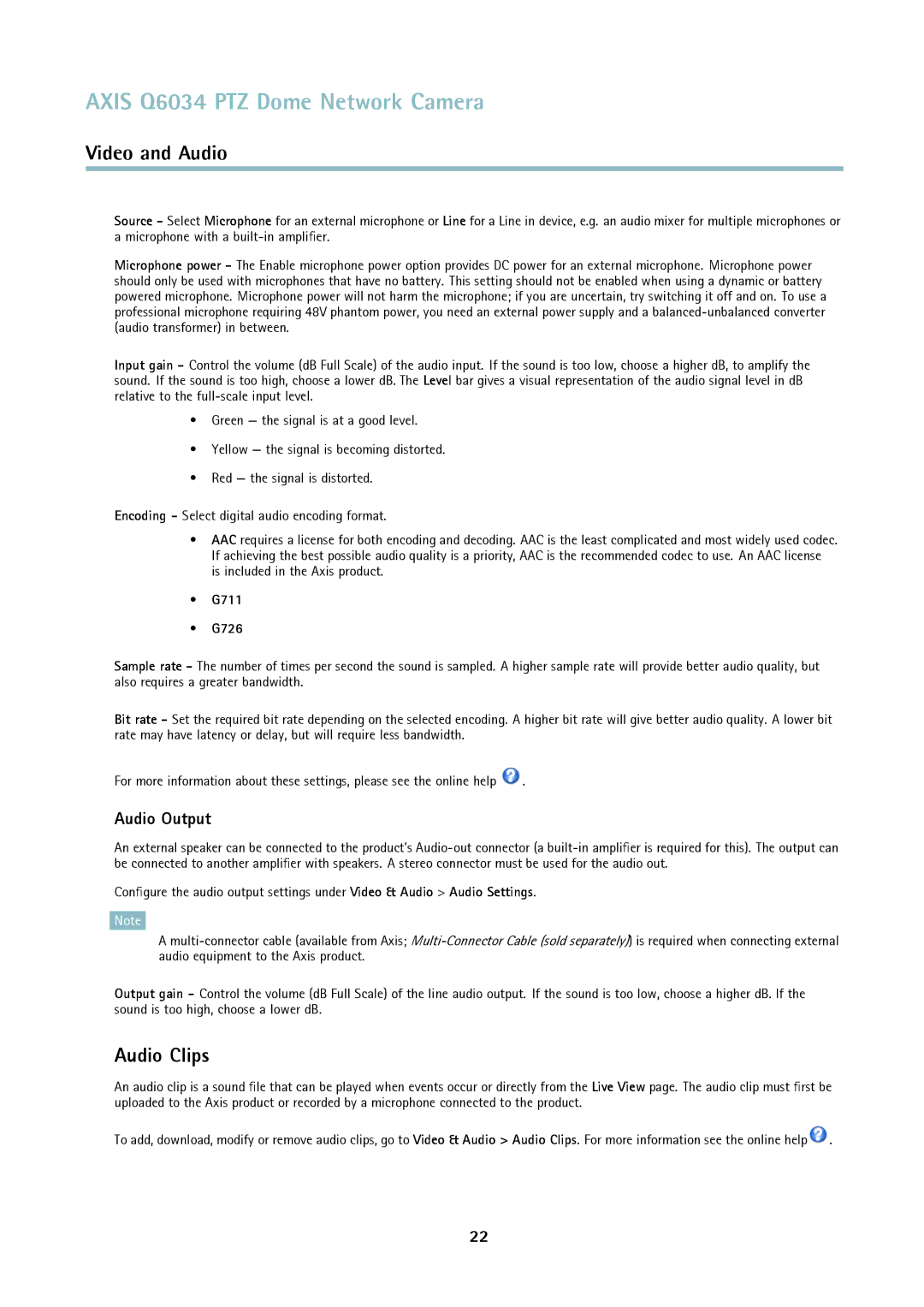 Axis Communications Q6034 user manual Audio Clips, Audio Output, G711 G726 