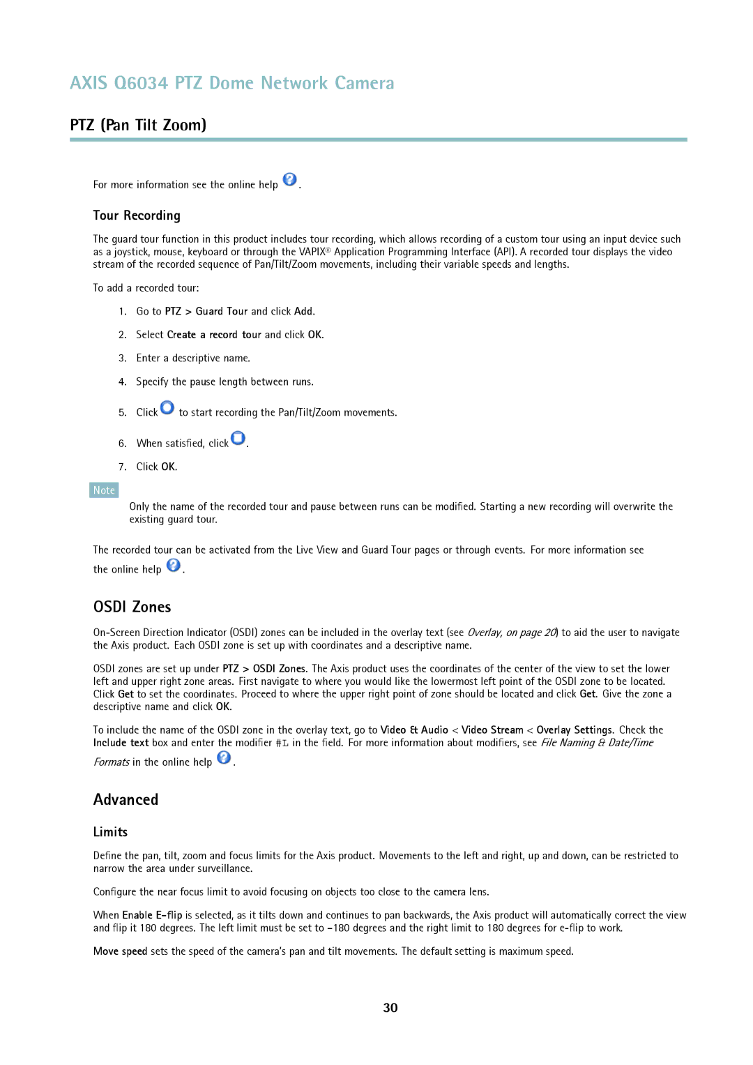 Axis Communications Q6034 user manual Osdi Zones, Advanced, Tour Recording, Limits 