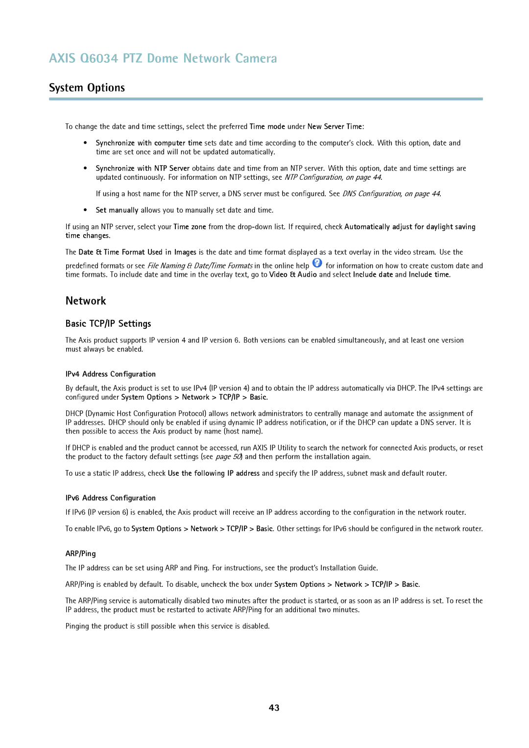 Axis Communications Q6034 Network, Basic TCP/IP Settings, IPv4 Address Conﬁguration, IPv6 Address Conﬁguration, ARP/Ping 