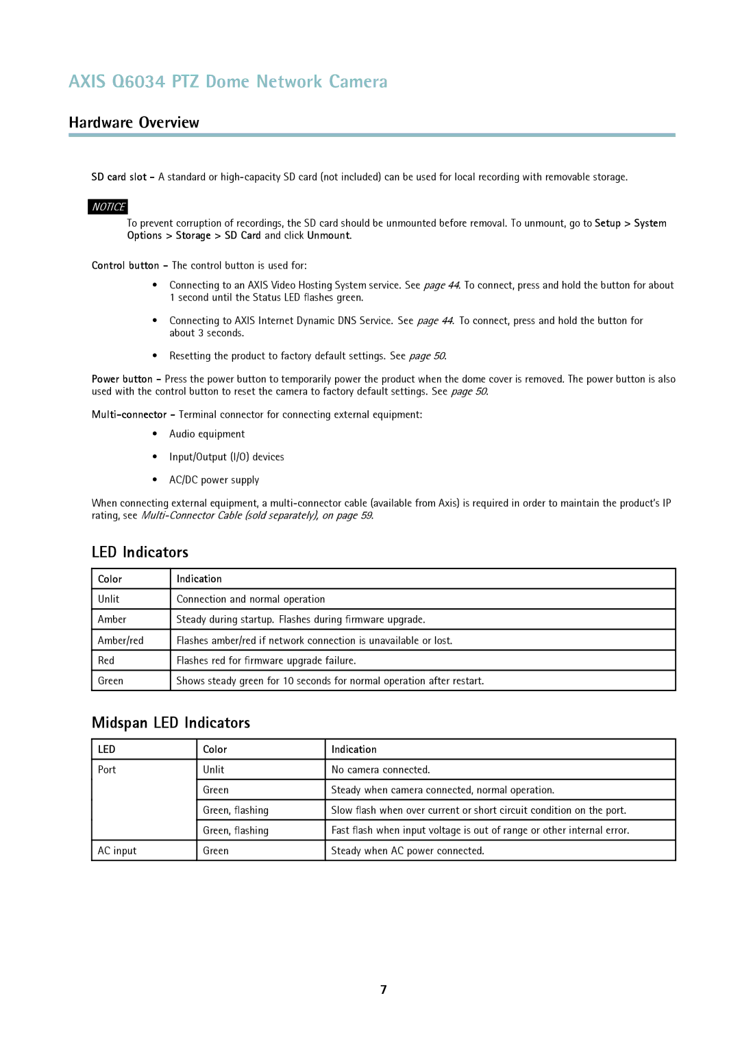 Axis Communications Q6034 user manual Midspan LED Indicators, Color Indication 