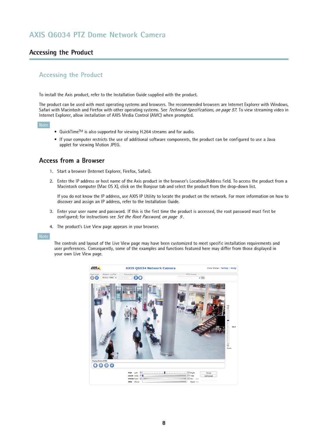 Axis Communications Q6034 Accessing the Product, Access from a Browser, Start a browser Internet Explorer, Firefox, Safari 