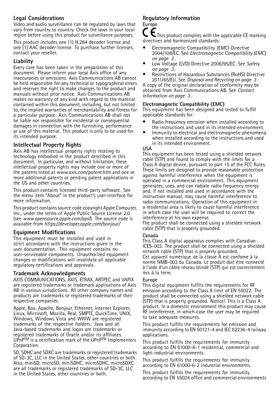 Axis Communications Q6042, Q6045 Legal Considerations, Liability, Intellectual Property Rights, Equipment Modifications 