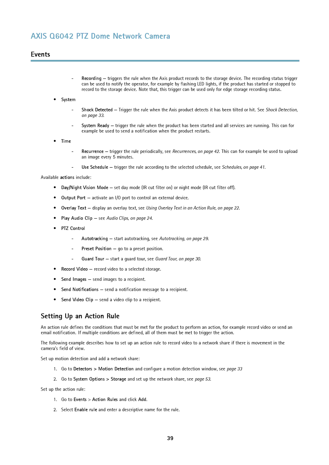 Axis Communications Q6042 PTZ user manual Setting Up an Action Rule, System, Time, PTZ Control 