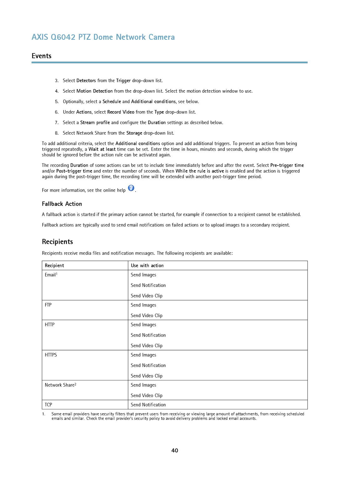 Axis Communications Q6042 PTZ user manual Recipients, Fallback Action, Recipient Use with action 