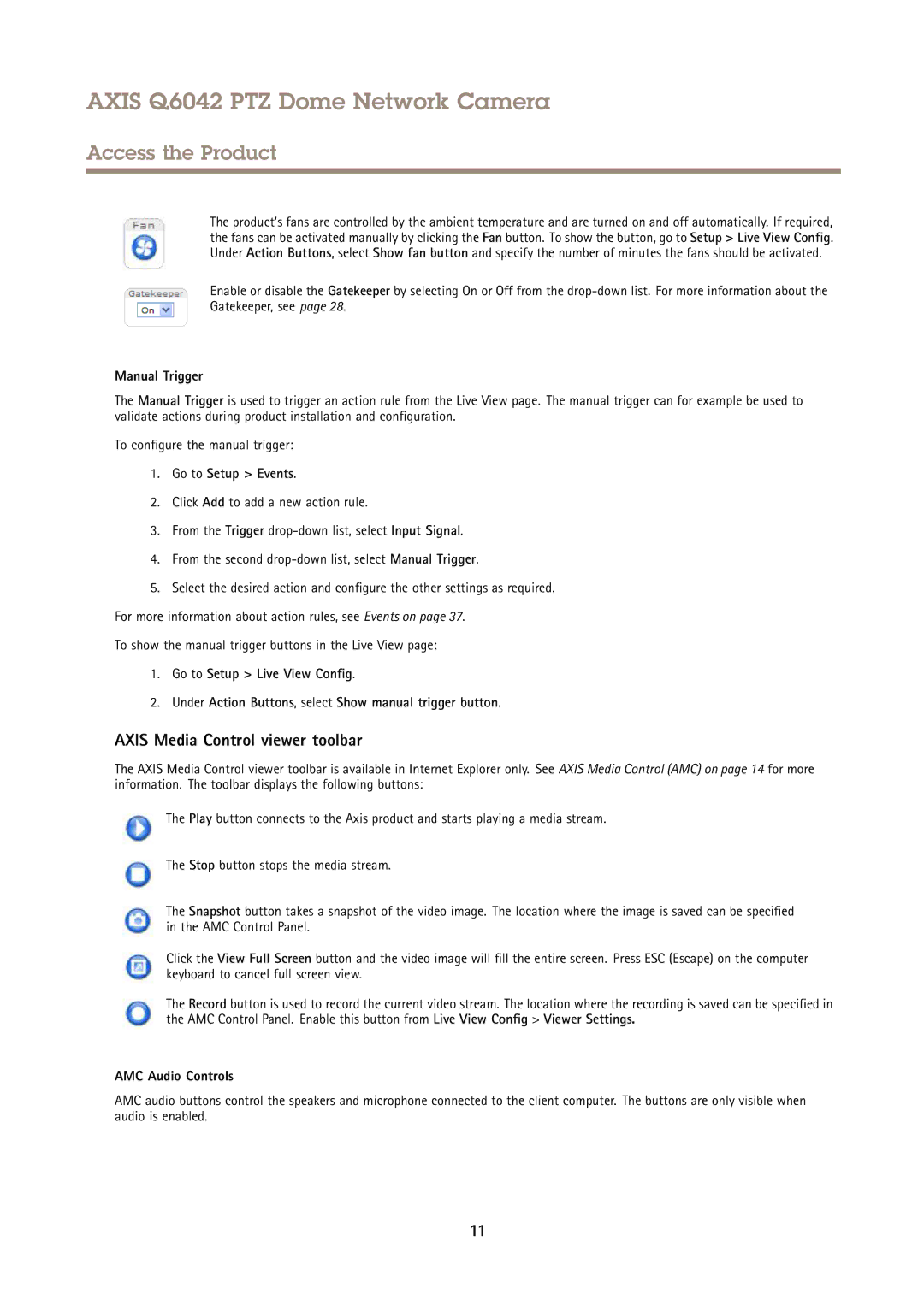 Axis Communications Q6042 PTZ Axis Media Control viewer toolbar, Manual Trigger, Go to Setup Events, AMC Audio Controls 