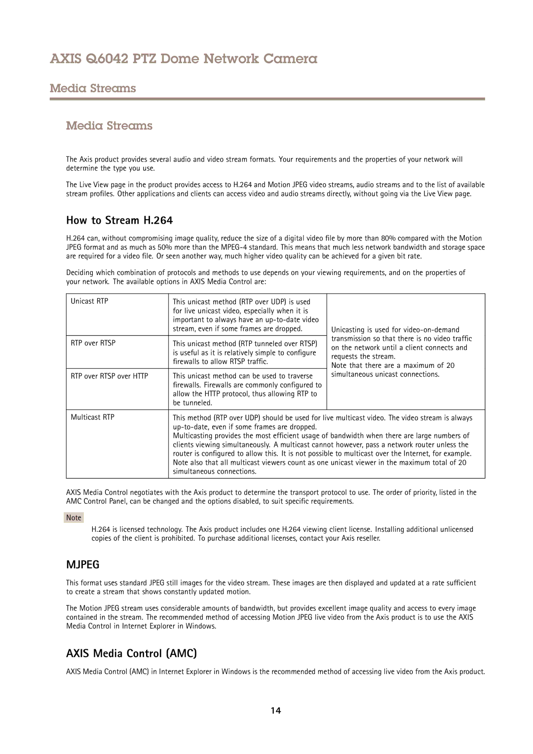 Axis Communications Q6042 PTZ user manual Media Streams, How to Stream H.264, Axis Media Control AMC 