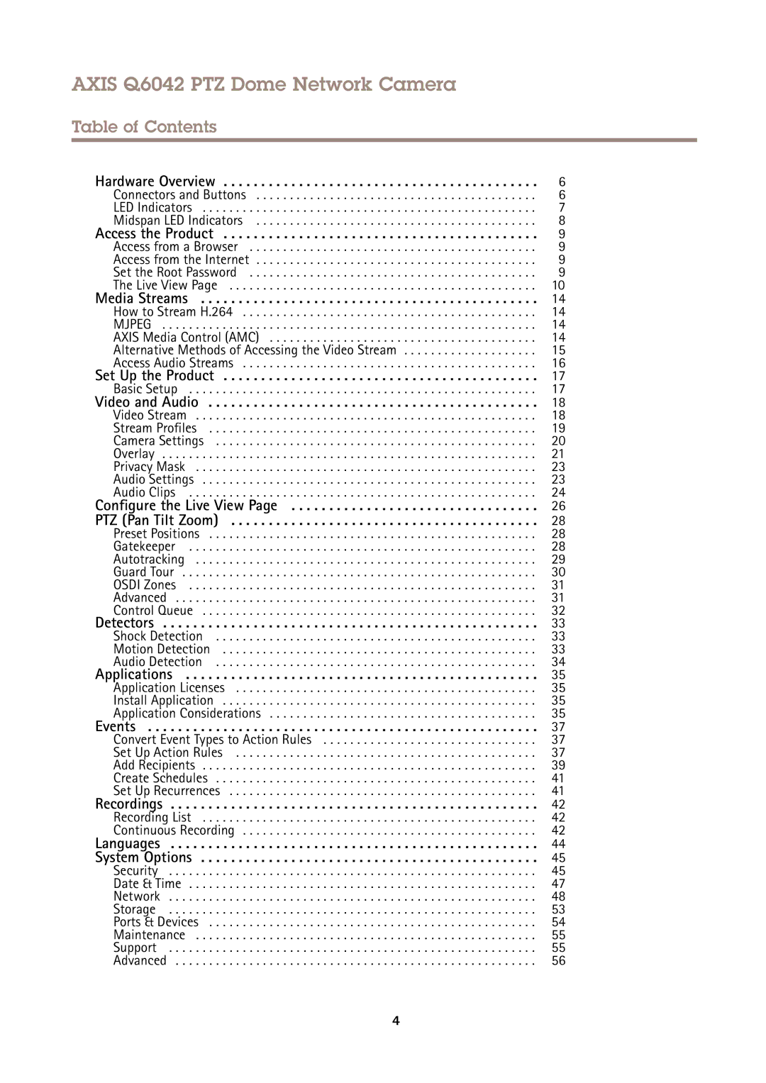 Axis Communications user manual Axis Q6042 PTZ Dome Network Camera, Table of Contents 