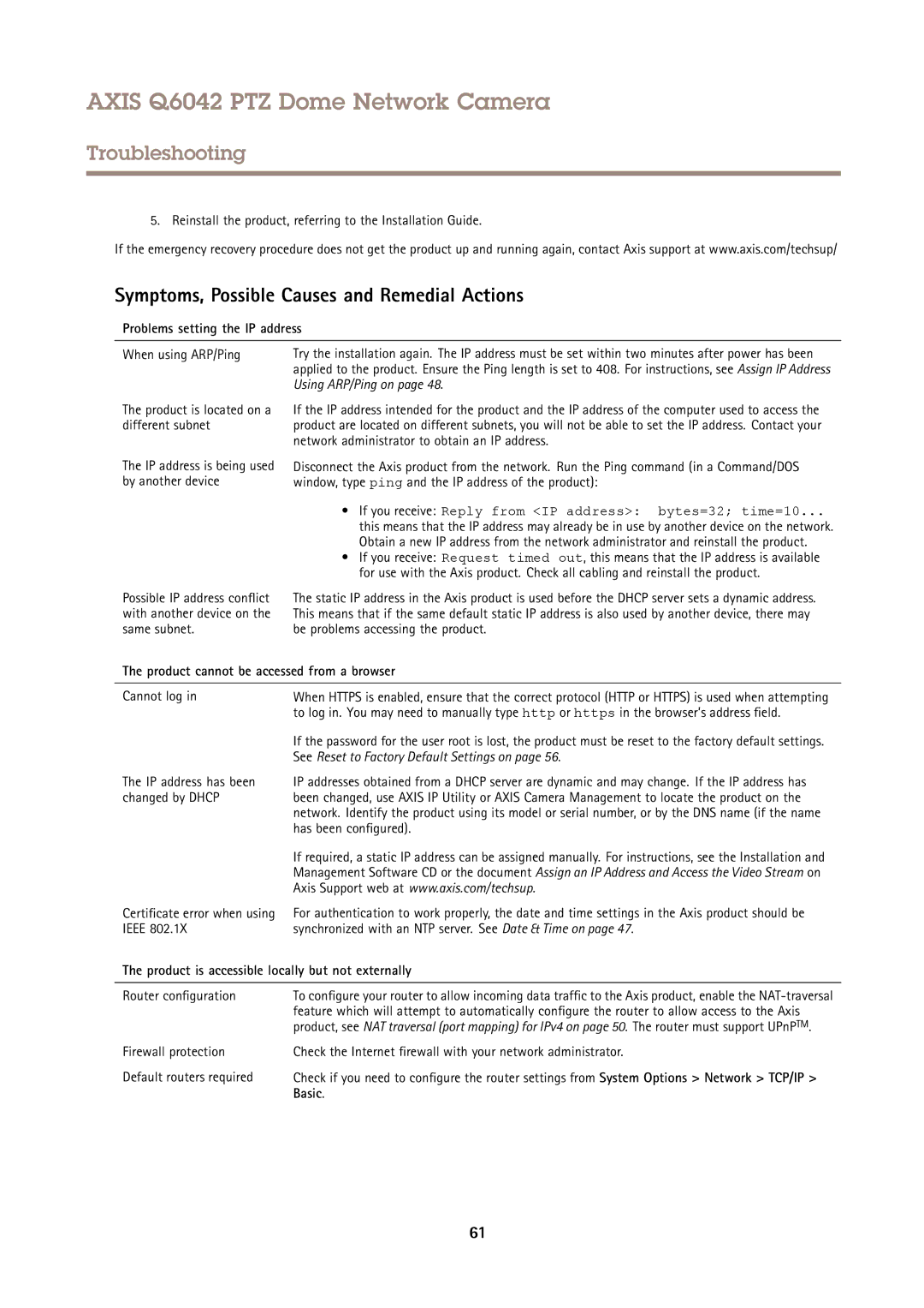 Axis Communications Q6042 PTZ Symptoms, Possible Causes and Remedial Actions, Problems setting the IP address, Basic 