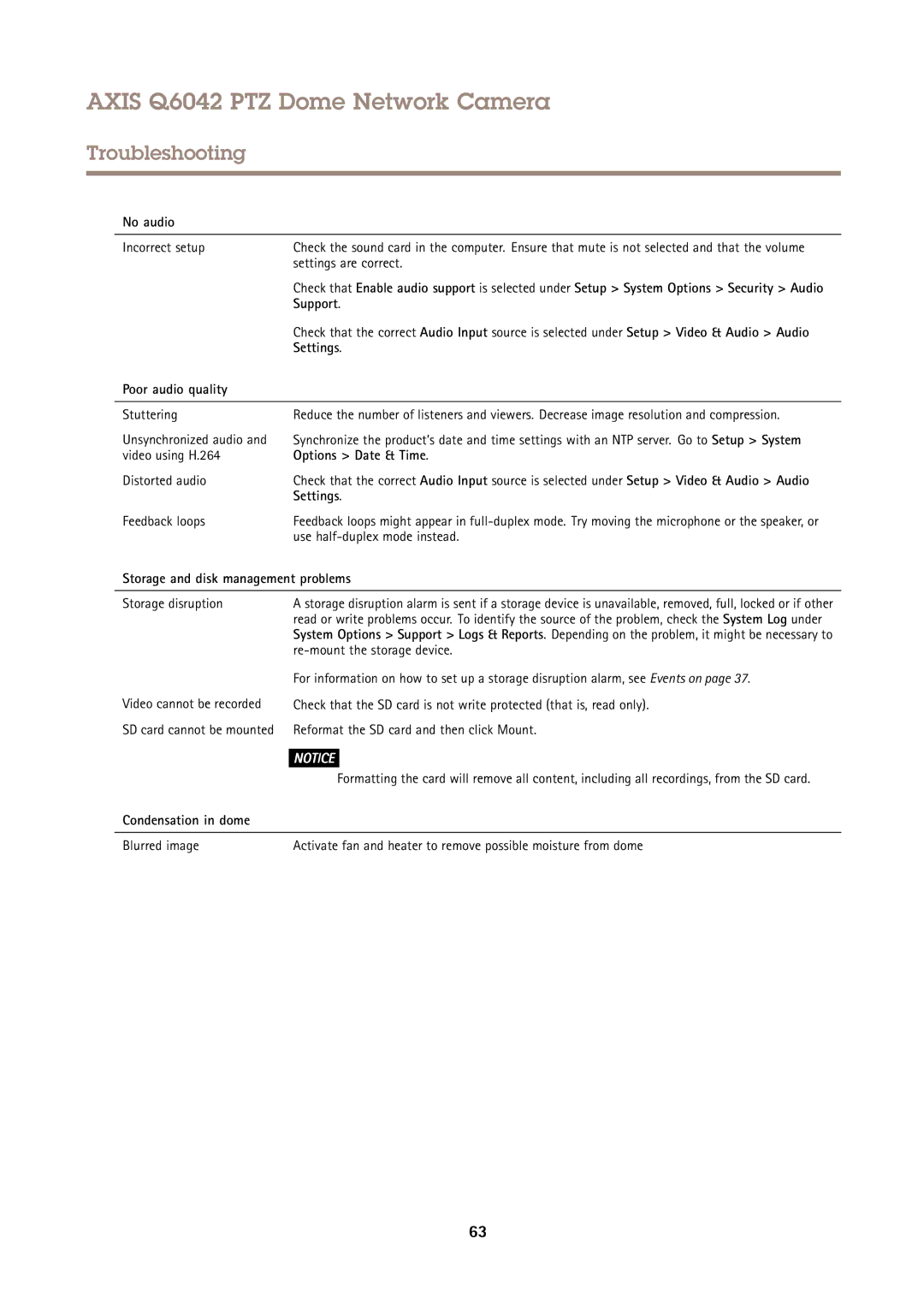 Axis Communications Q6042 PTZ user manual No audio, Settings, Poor audio quality, Options Date & Time, Condensation in dome 