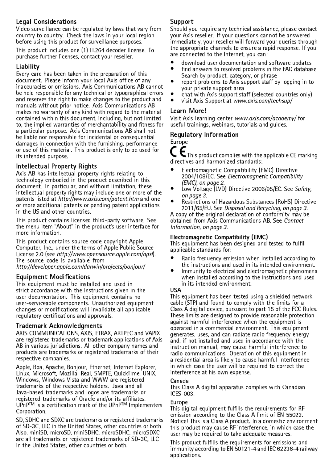 Axis Communications Q6042 Legal Considerations, Liability, Intellectual Property Rights, Equipment Modifications, Support 