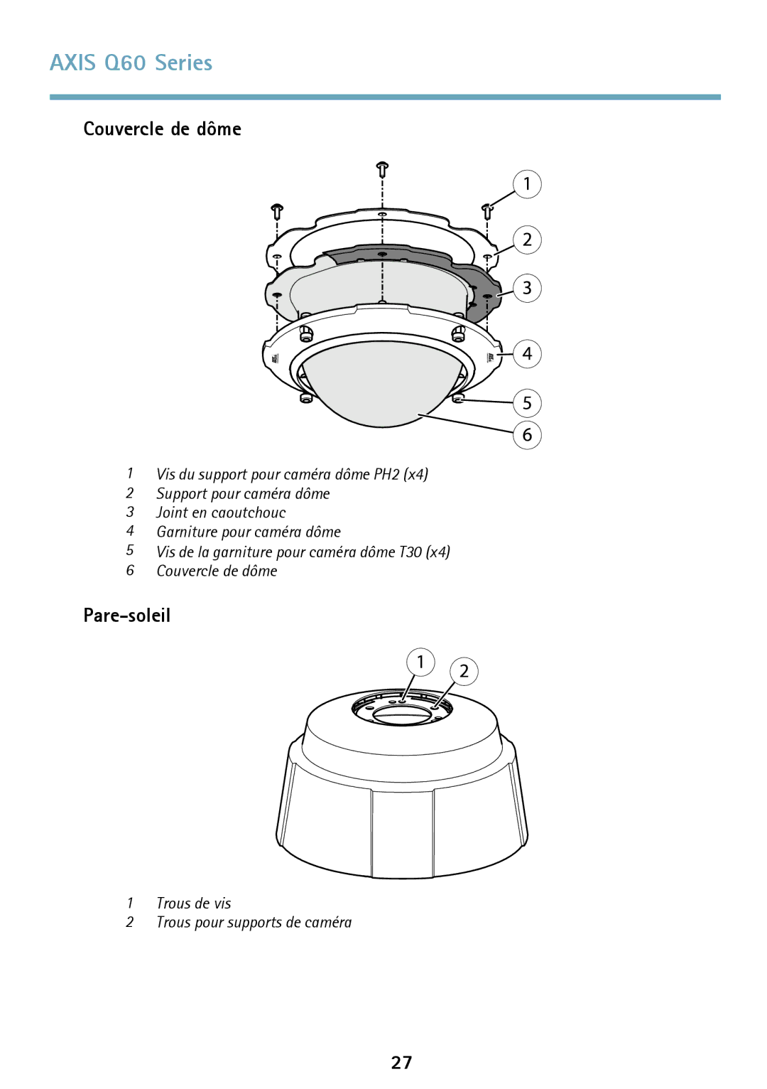 Axis Communications Q6042 manual Couvercle de dôme, Pare-soleil 