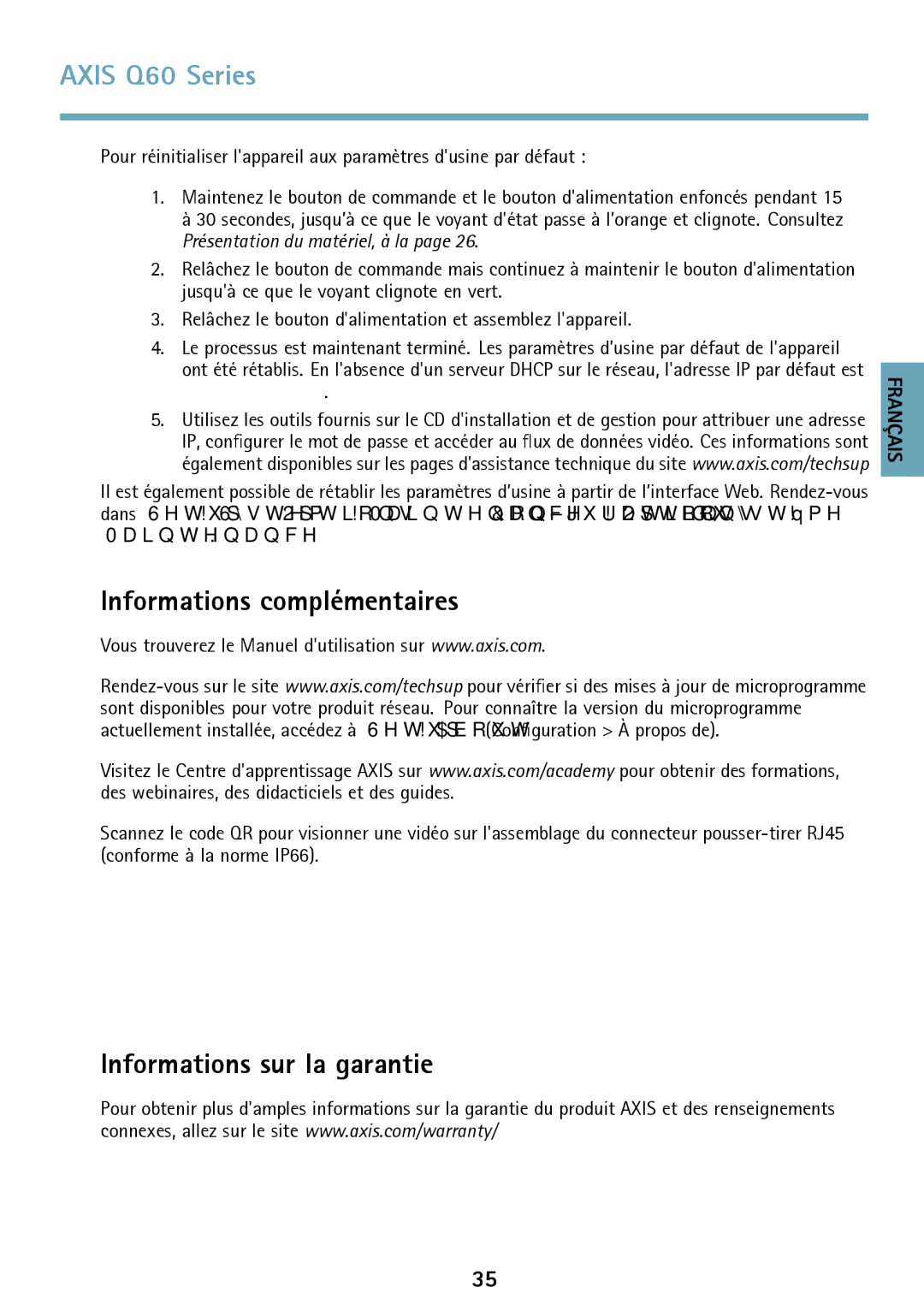 Axis Communications Q6042 manual Informations complémentaires, Informations sur la garantie 