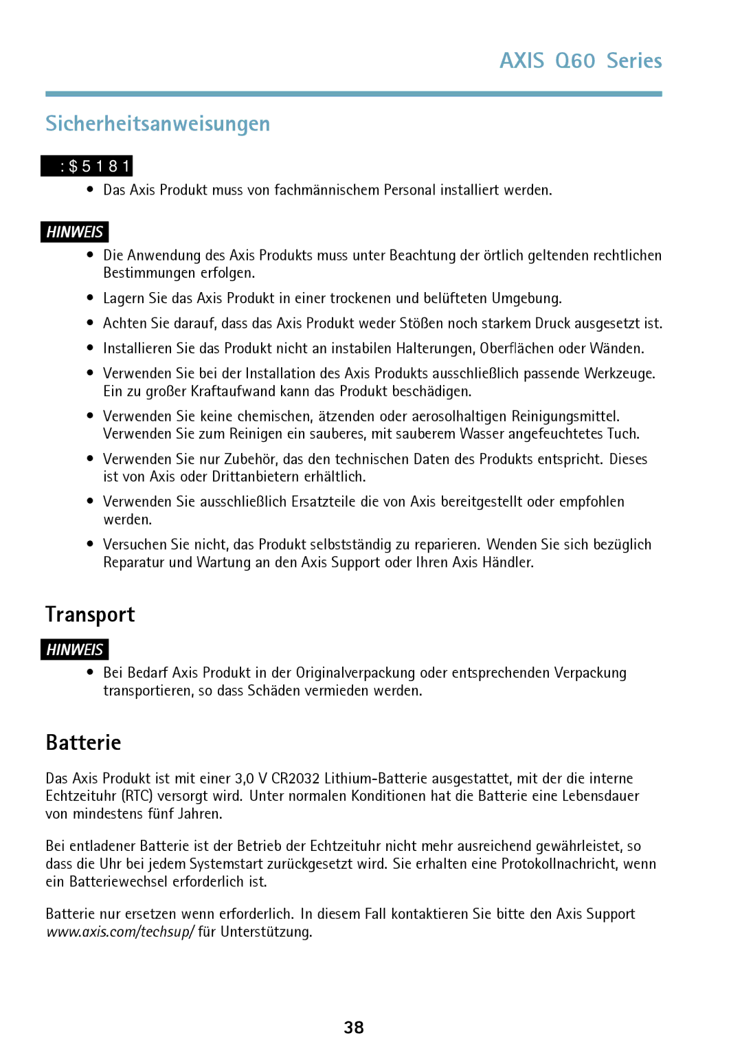 Axis Communications Q6042 manual Axis Q60 Series Sicherheitsanweisungen, Hinweis 