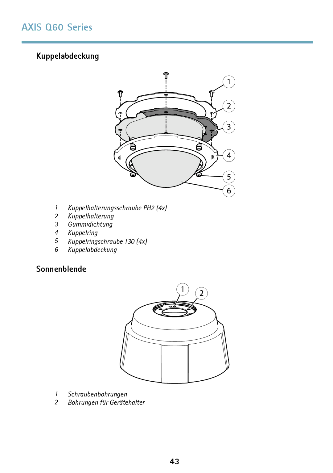 Axis Communications Q6042 manual Kuppelabdeckung, Sonnenblende 