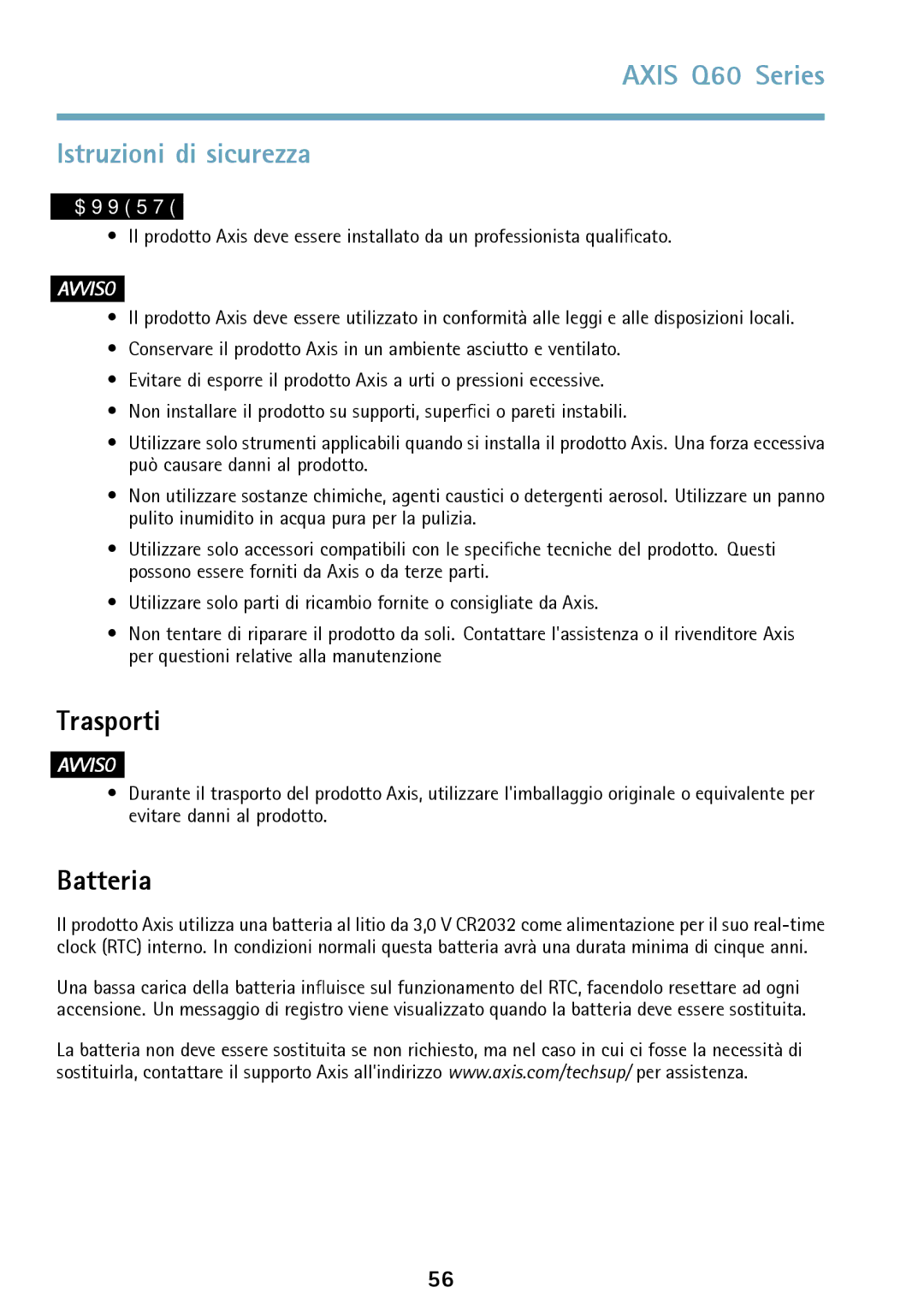 Axis Communications Q6042 manual Axis Q60 Series Istruzioni di sicurezza, Trasporti, Batteria 