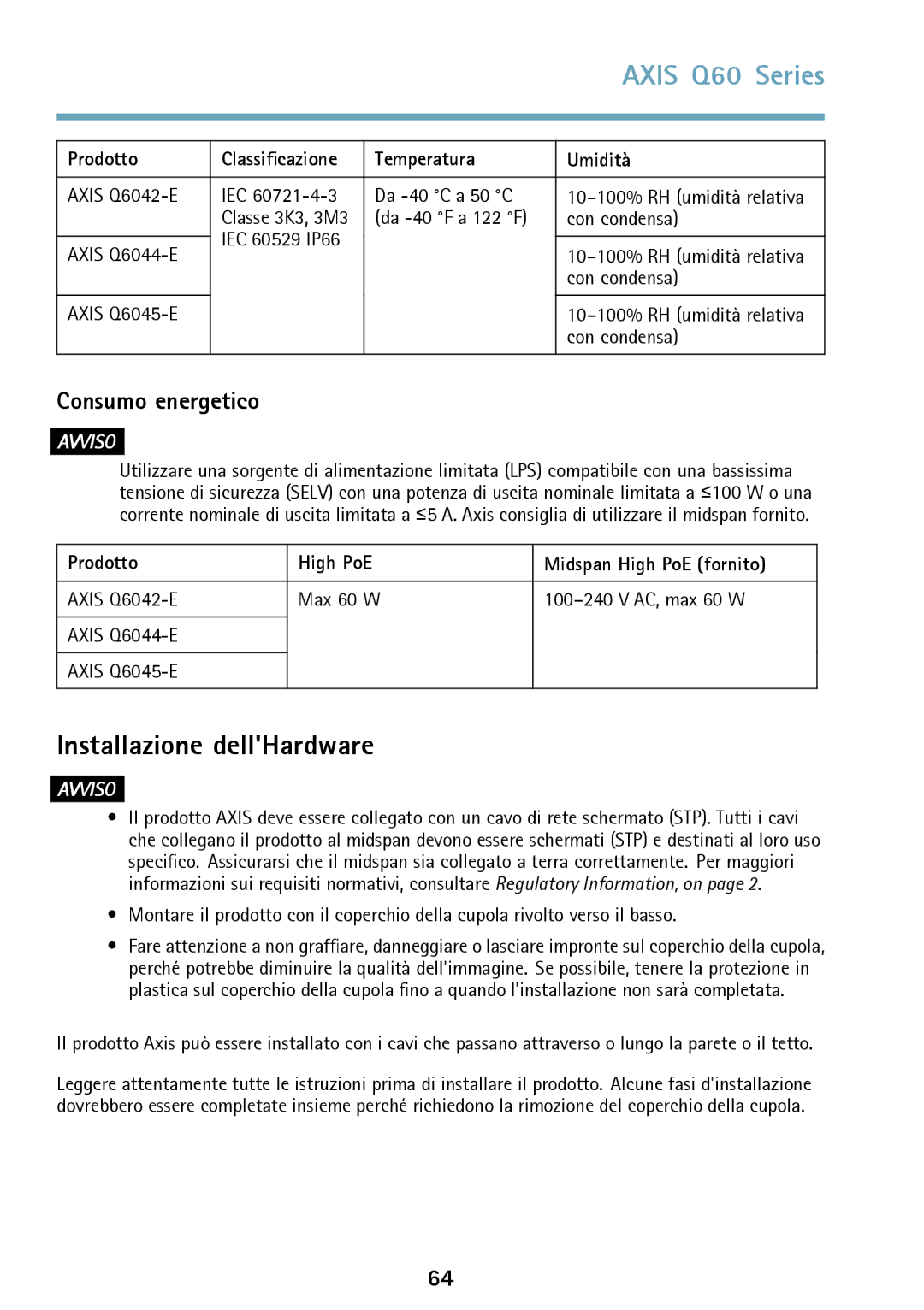 Axis Communications Q6042 Installazione dellHardware, Consumo energetico, Prodotto Classificazione Temperatura Umidità 