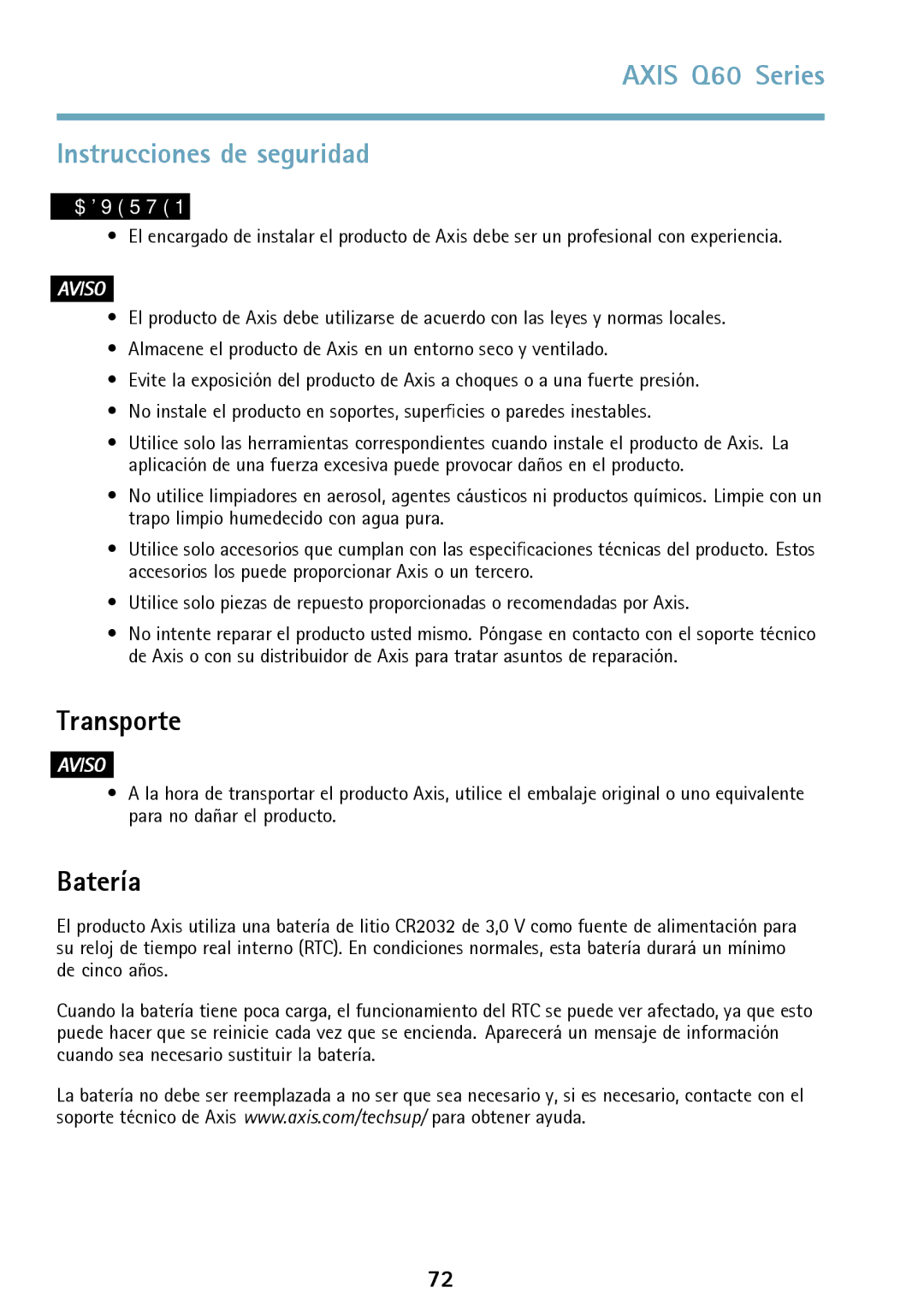 Axis Communications Q6042 manual Axis Q60 Series Instrucciones de seguridad, Transporte, Batería 