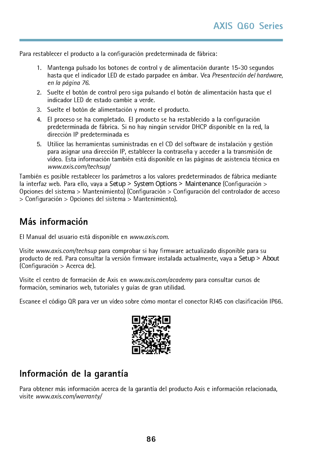 Axis Communications Q6042 manual Más información, Información de la garantía 