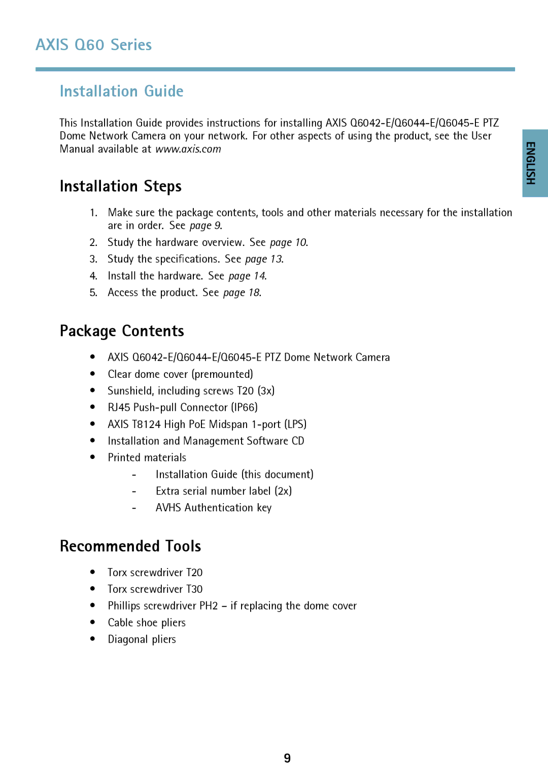 Axis Communications Q6042 Axis Q60 Series Installation Guide, Installation Steps, Package Contents, Recommended Tools 