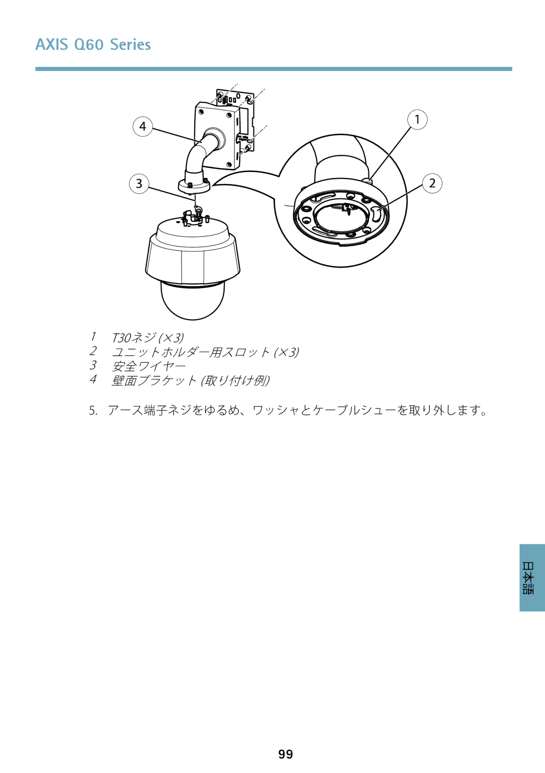 Axis Communications Q6042 manual ユニットホルダー用スロット ×3 安全ワイヤー 壁面ブラケット 取り付け例 