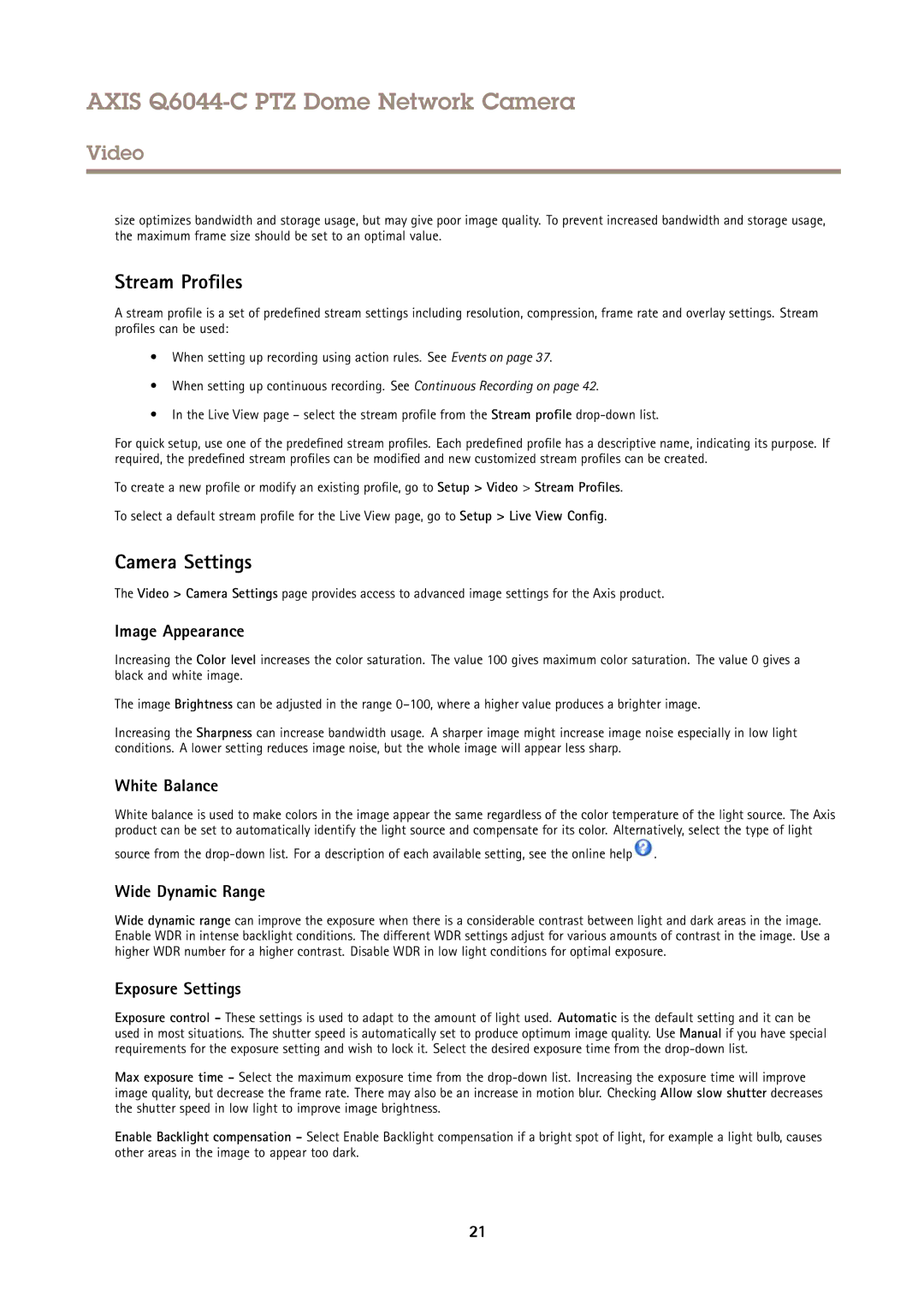 Axis Communications Q6044-C user manual Stream Profiles, Camera Settings 