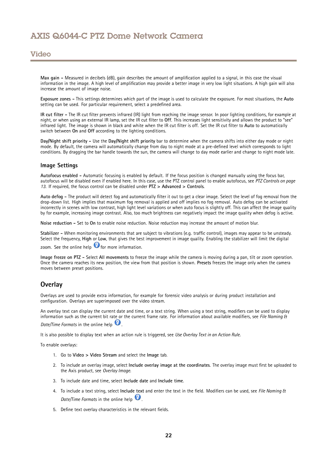 Axis Communications Q6044-C user manual Overlay, Image Settings, Go to Video Video Stream and select the Image tab 