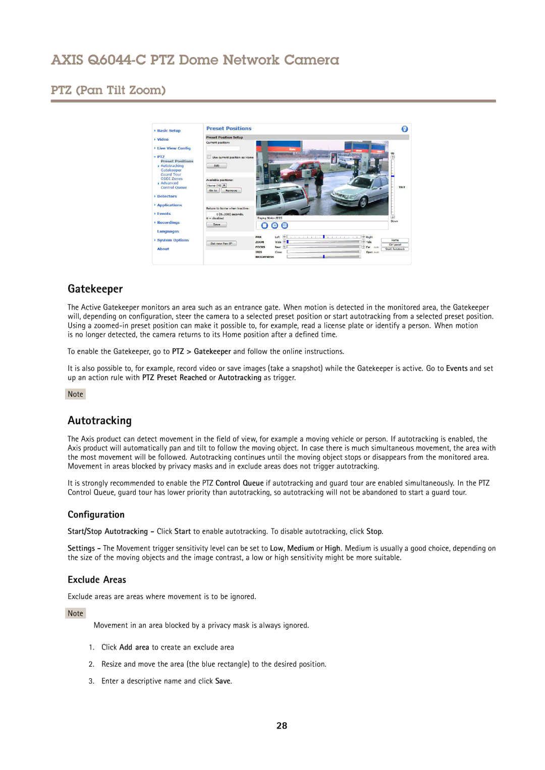 Axis Communications Q6044-C user manual Gatekeeper, Autotracking, Configuration, Exclude Areas 