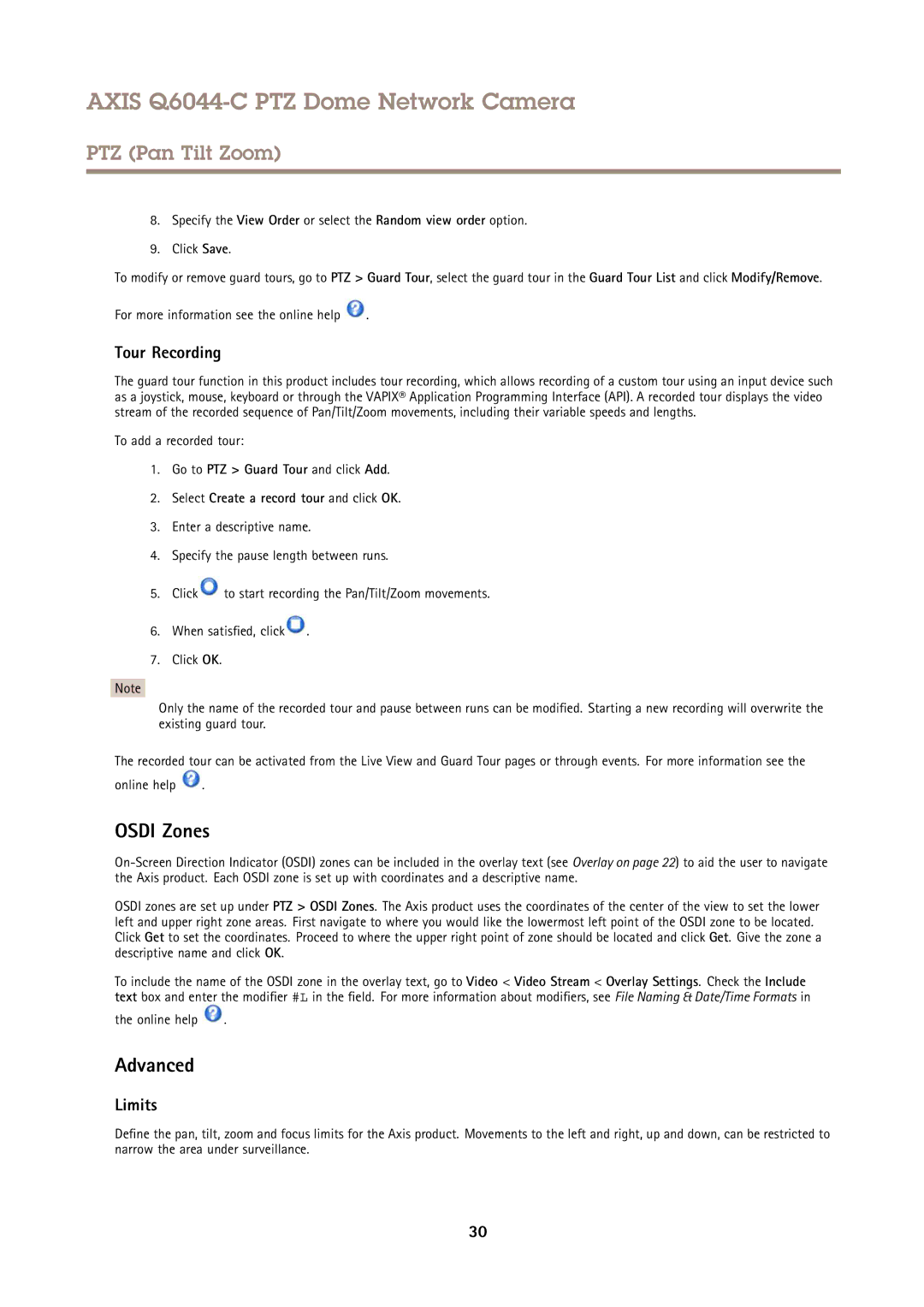 Axis Communications Q6044-C user manual Osdi Zones, Advanced, Tour Recording, Limits, To add a recorded tour 