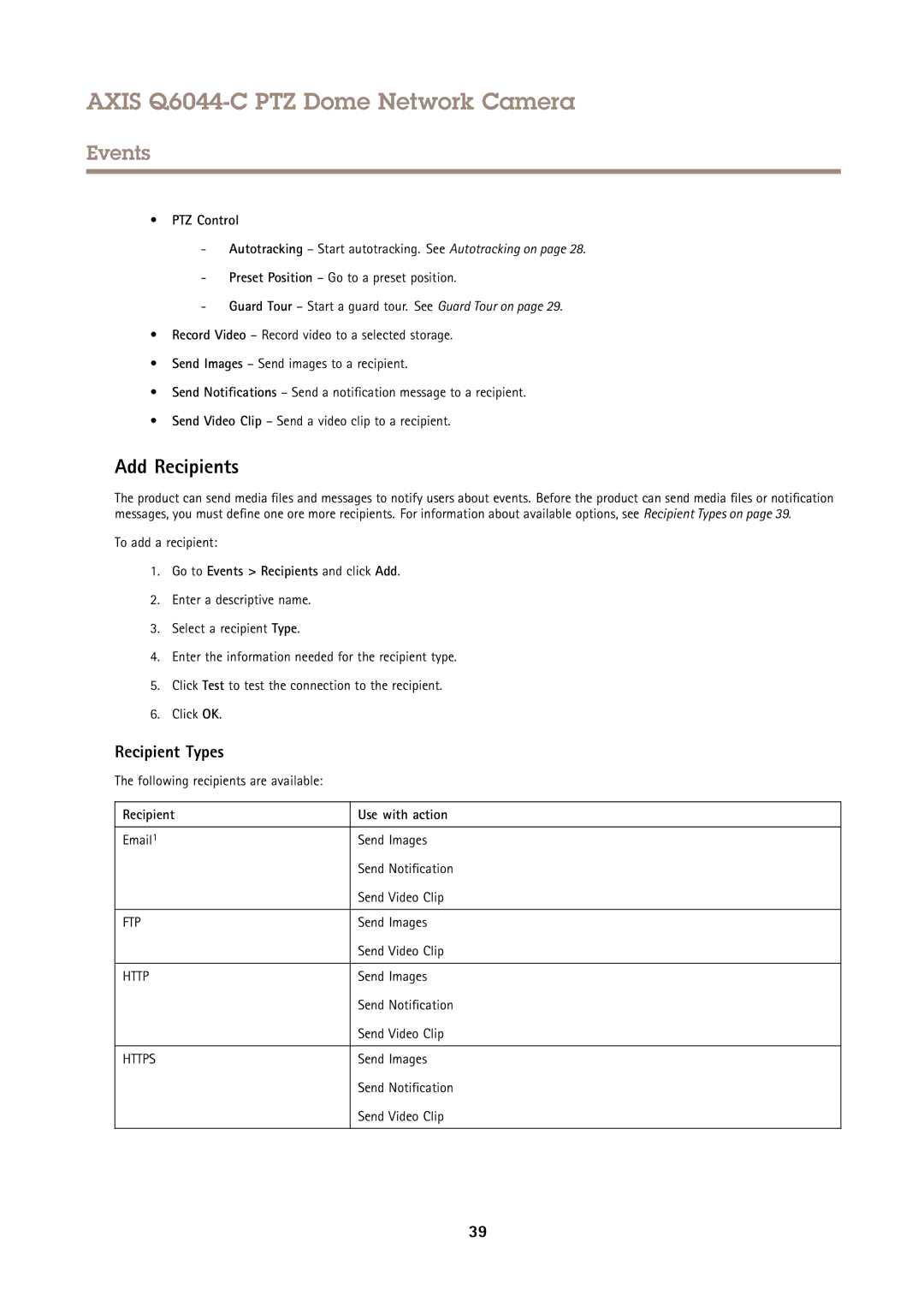 Axis Communications Q6044-C user manual Add Recipients, Recipient Types 