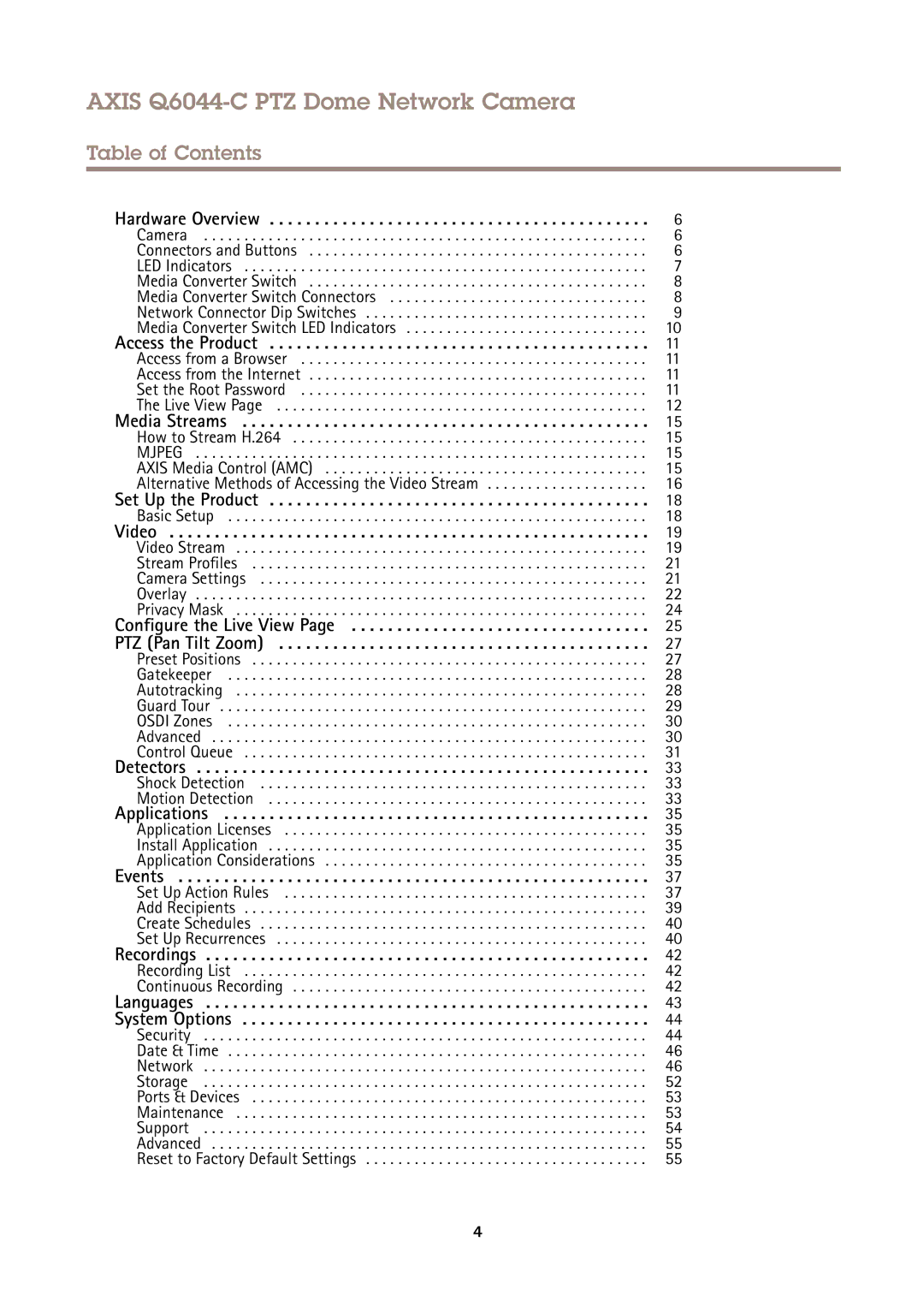 Axis Communications user manual Axis Q6044-C PTZ Dome Network Camera, Table of Contents 