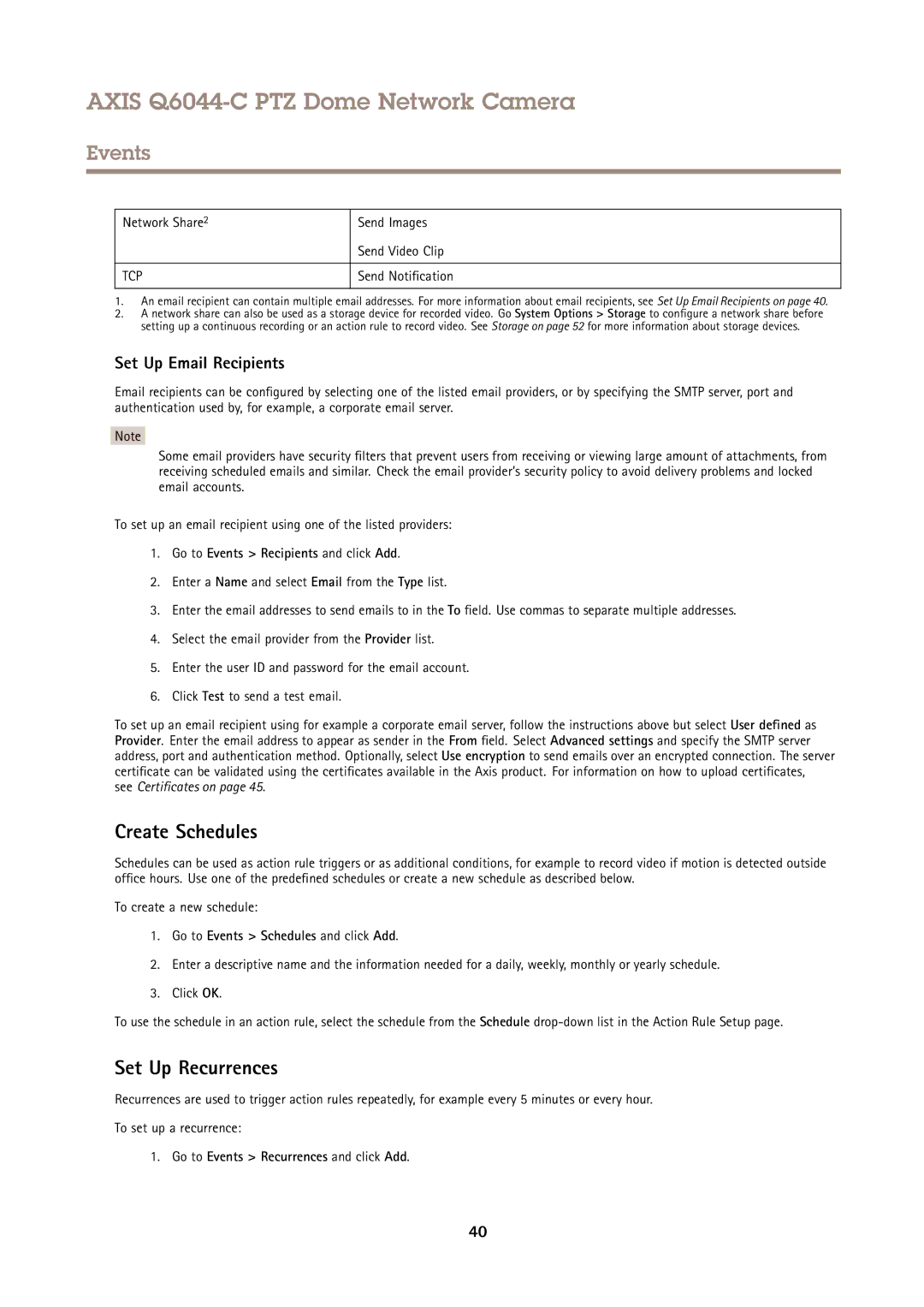 Axis Communications Q6044-C user manual Create Schedules, Set Up Recurrences, Set Up Email Recipients 